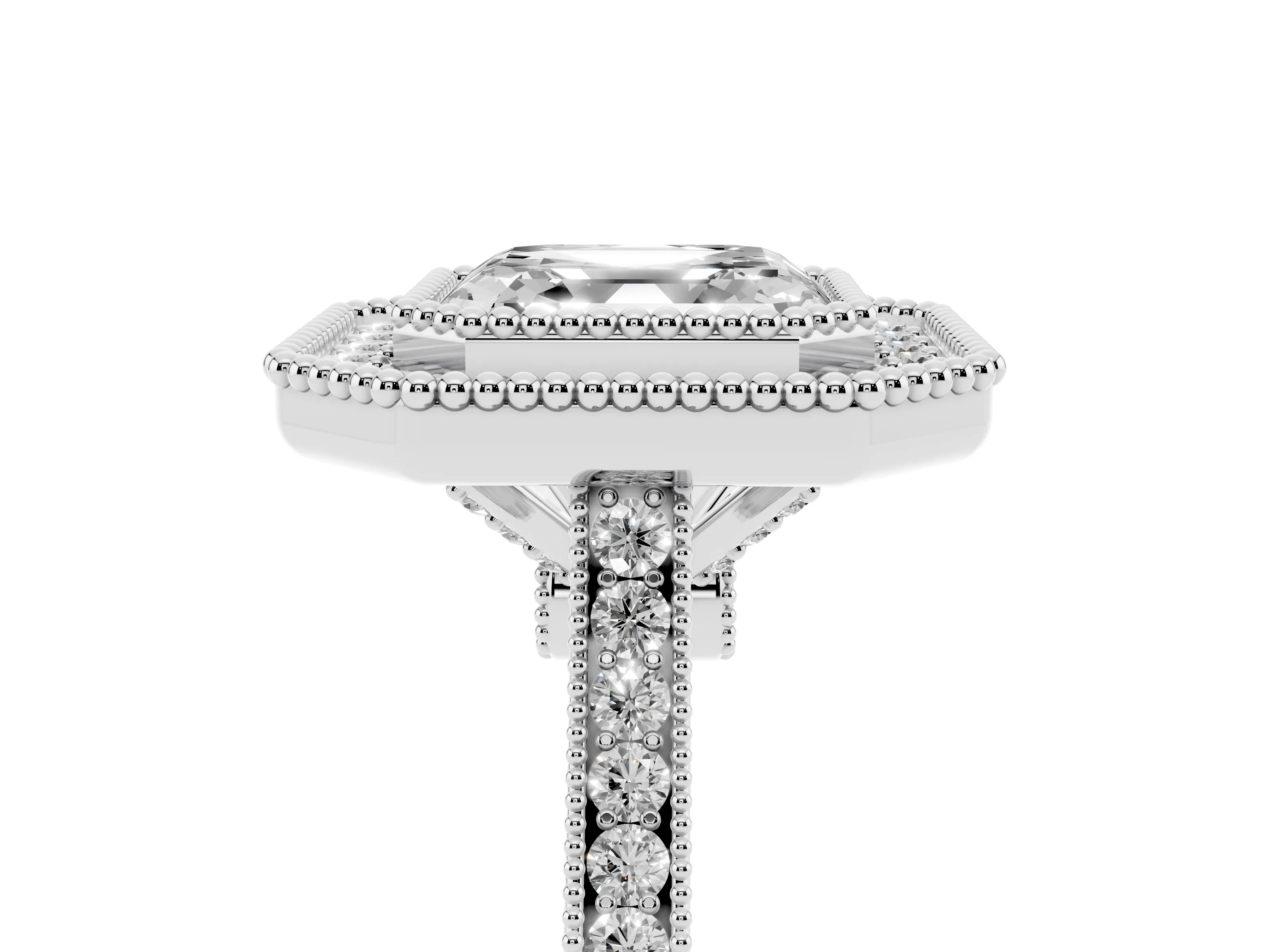 Asscher Cut Diamond Halo Ring Set in Silver with Milgrain Frame and Pavé Band