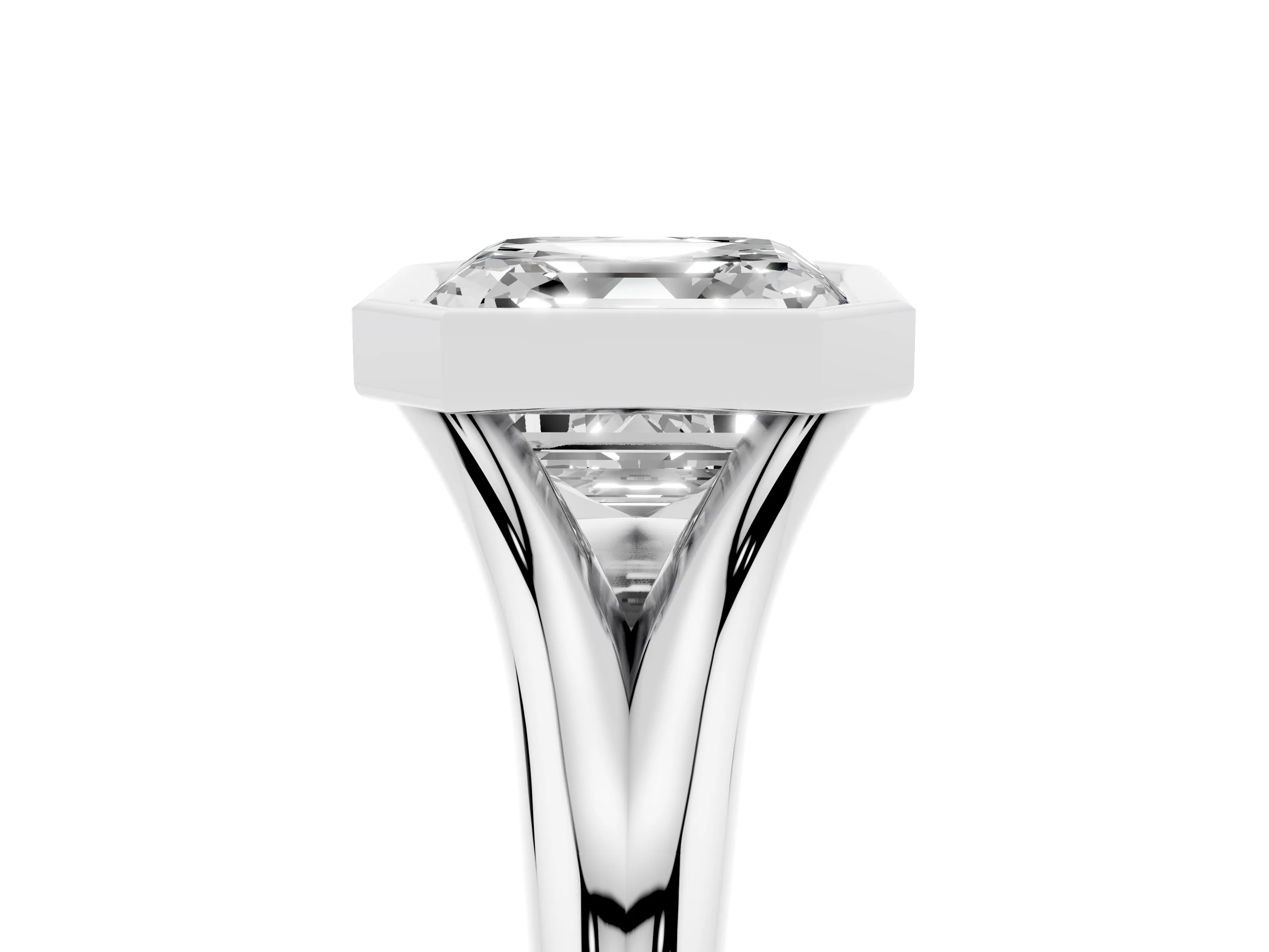 Bezel Set Asscher Cut Diamond Solitaire Ring Set in Platinum with Smooth Band