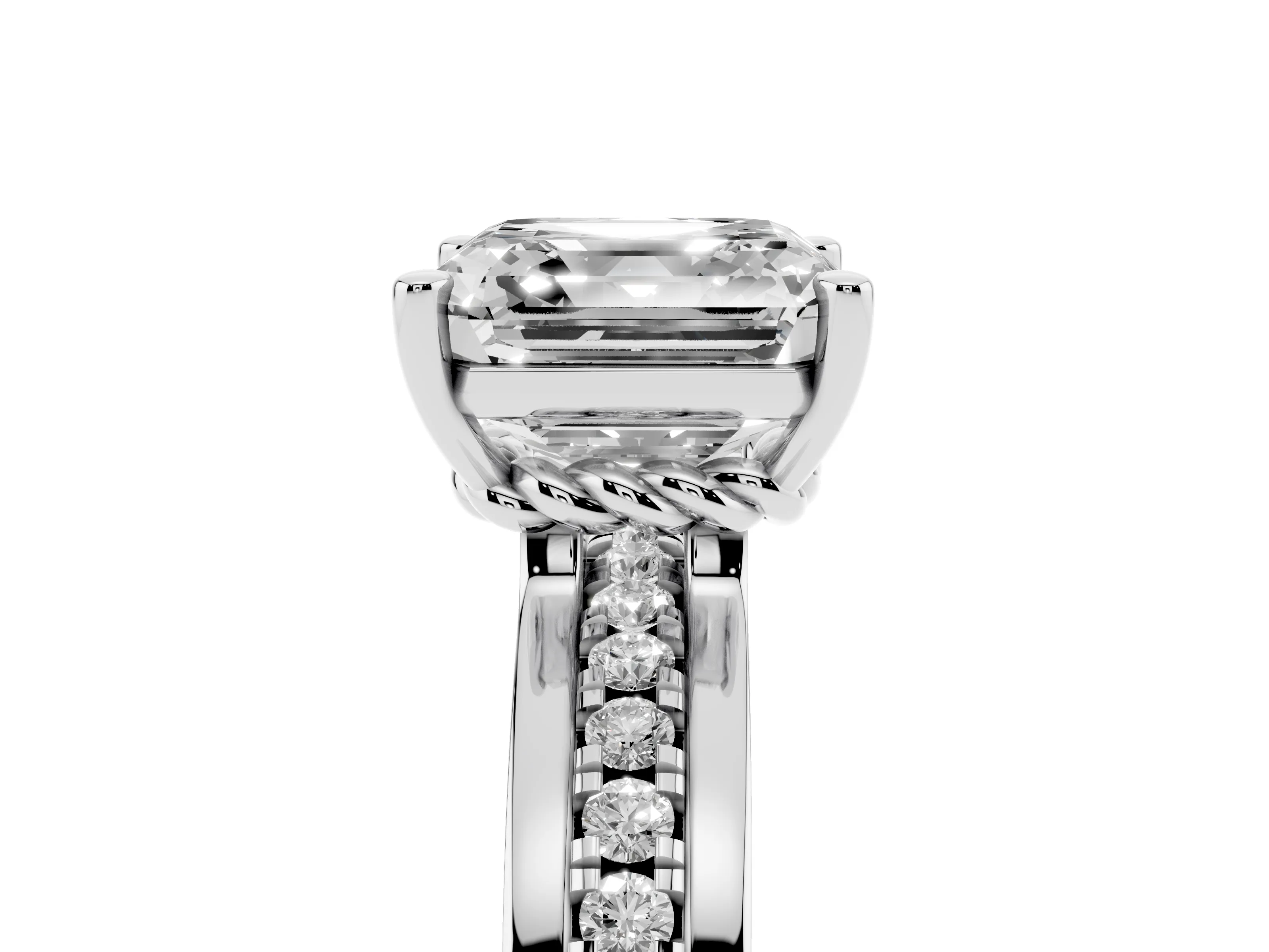 Asscher Cut Diamond Solitaire Ring Set in White gold with Channel Set Band and Prong Setting