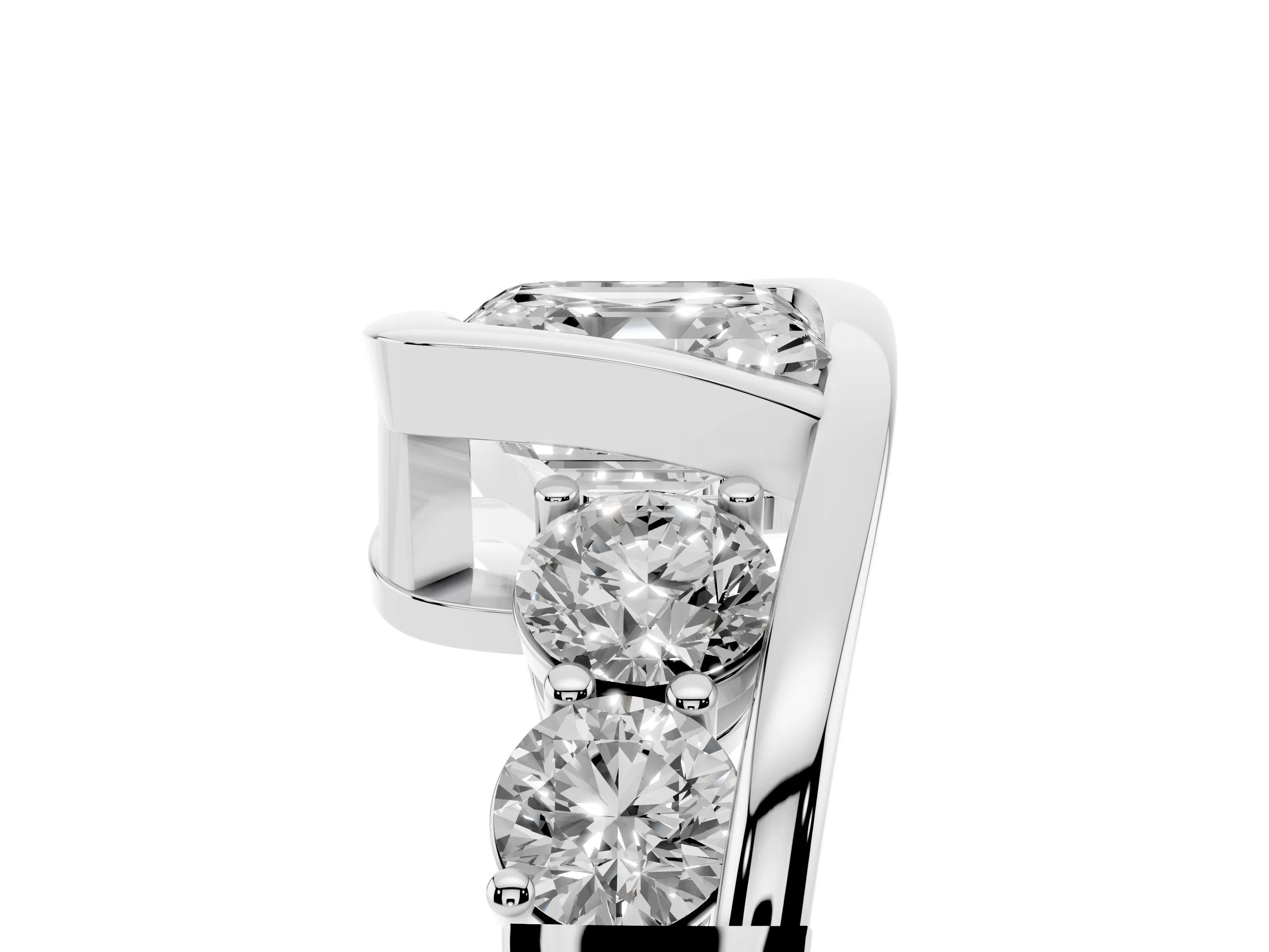 Asscher Cut Diamond Bezel Bypass Ring Set in Platinum with Round Accents