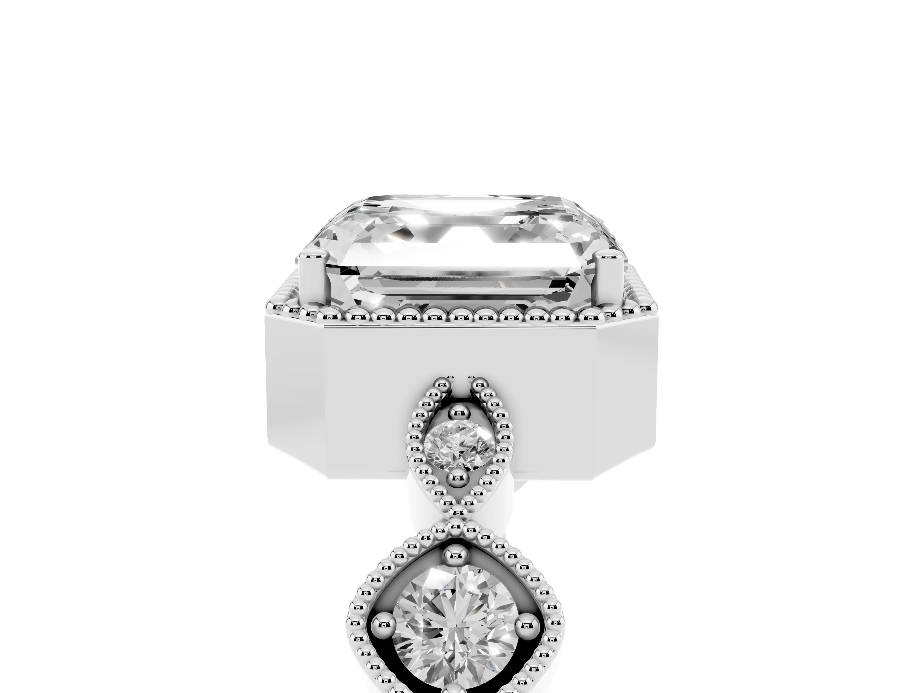 Asscher Cut Diamond Vintage-Inspired Milgrain Ring Set in White gold with Marquise Stations of Round Accents