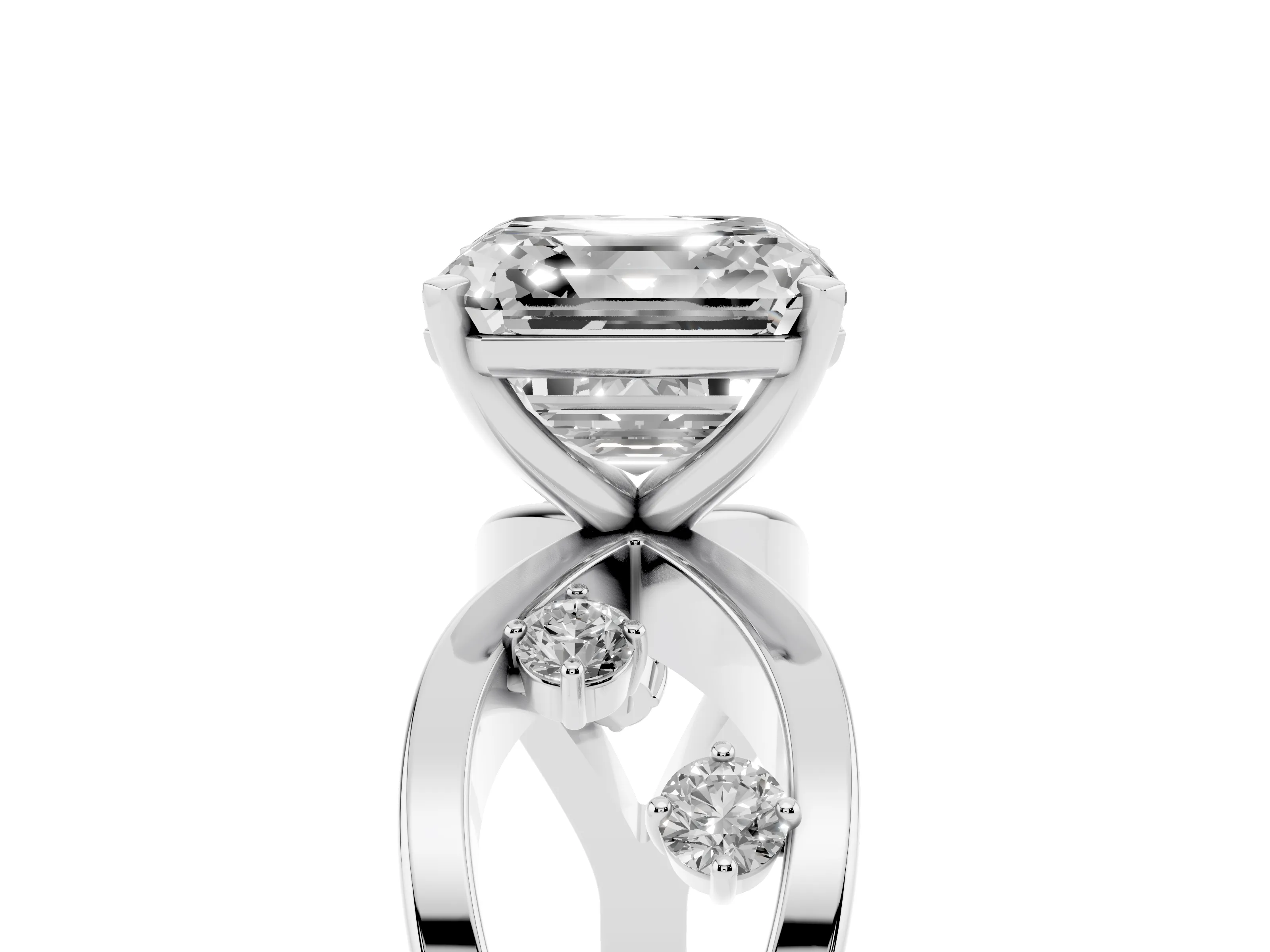Asscher Cut Diamond Solitaire Ring Set in White gold with Side Stones on Criss-Cross Band and Prong Setting