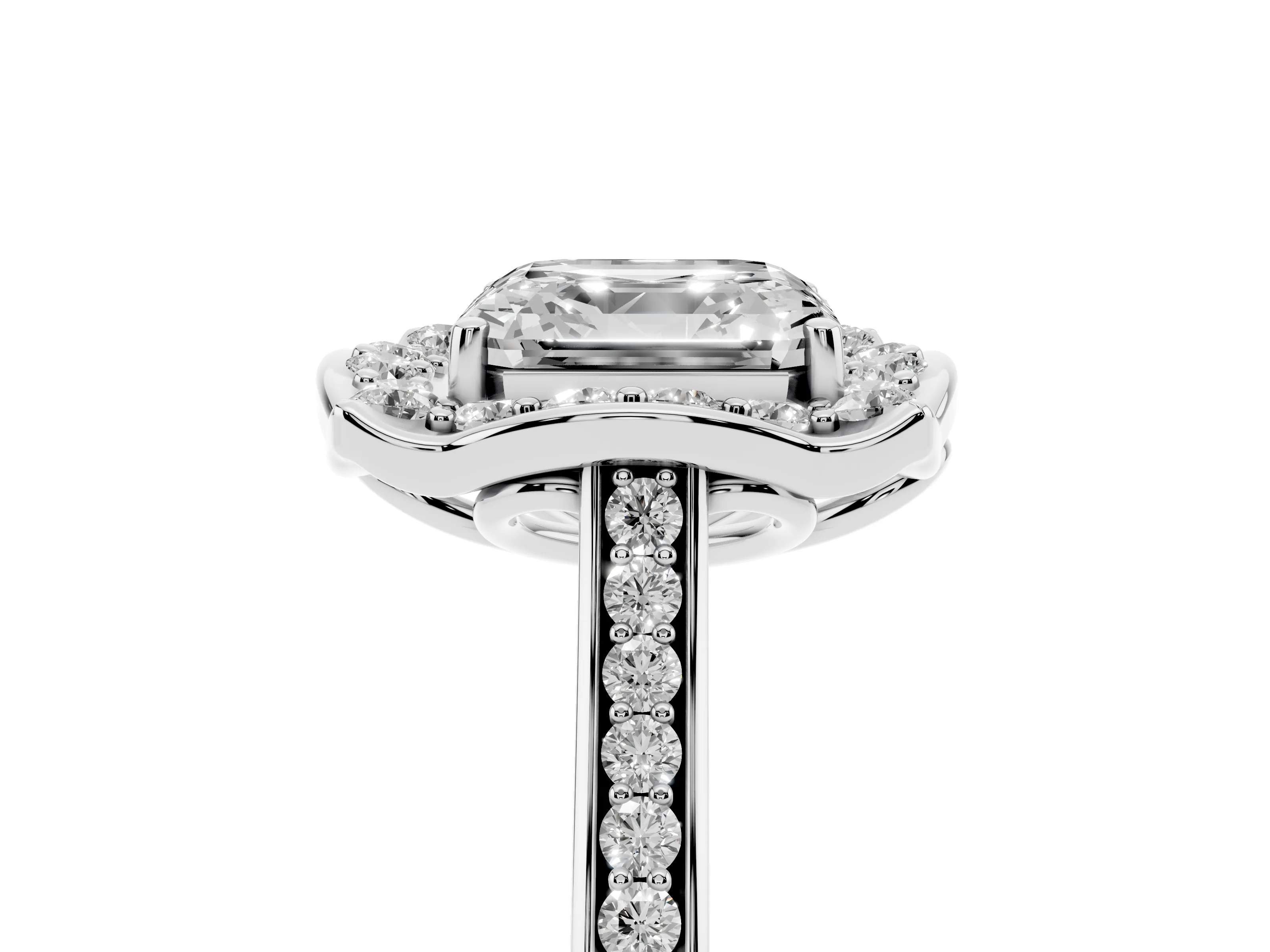 Asscher Cut Diamond Halo Ring Set in Silver with Pavé-Lined Shoulders and Prong Setting