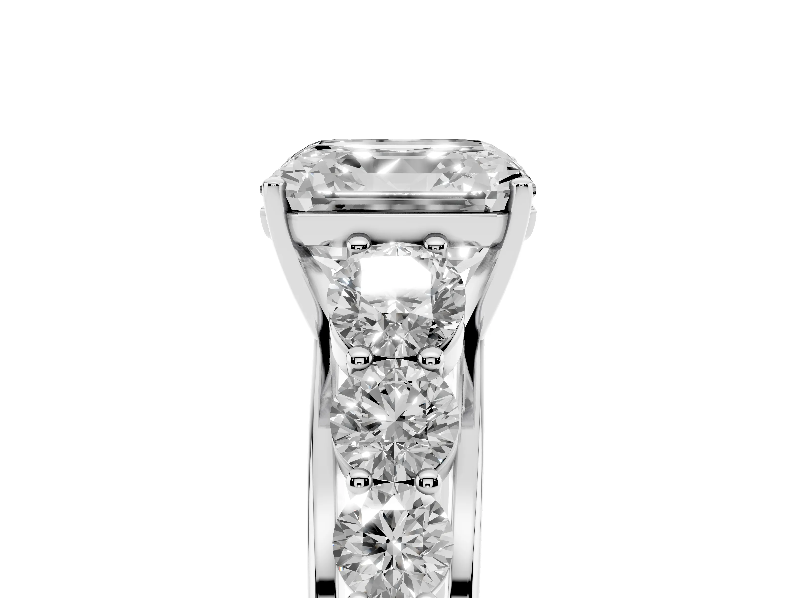 Asscher Cut Diamond Solitaire Ring Set in White gold with Pavé-Set Band and Prong Setting
