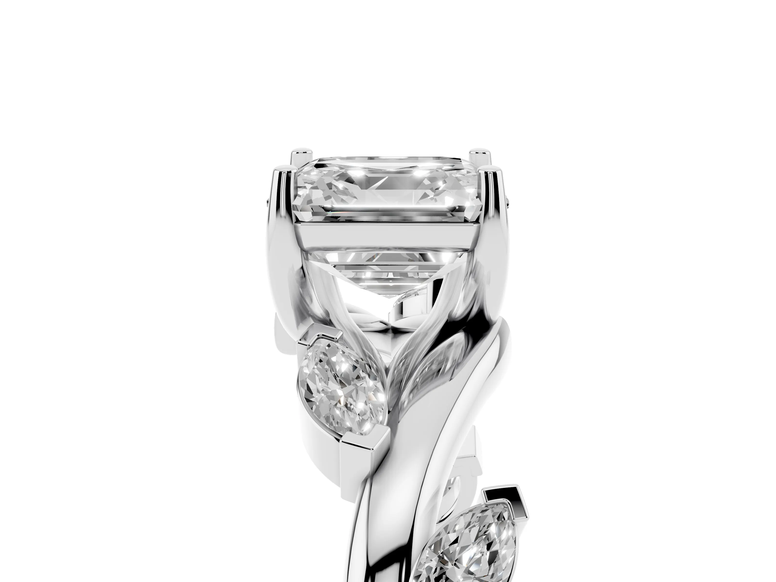 Asscher Cut Diamond Solitaire Ring Set in White gold with Twisted Marquise Accent Band