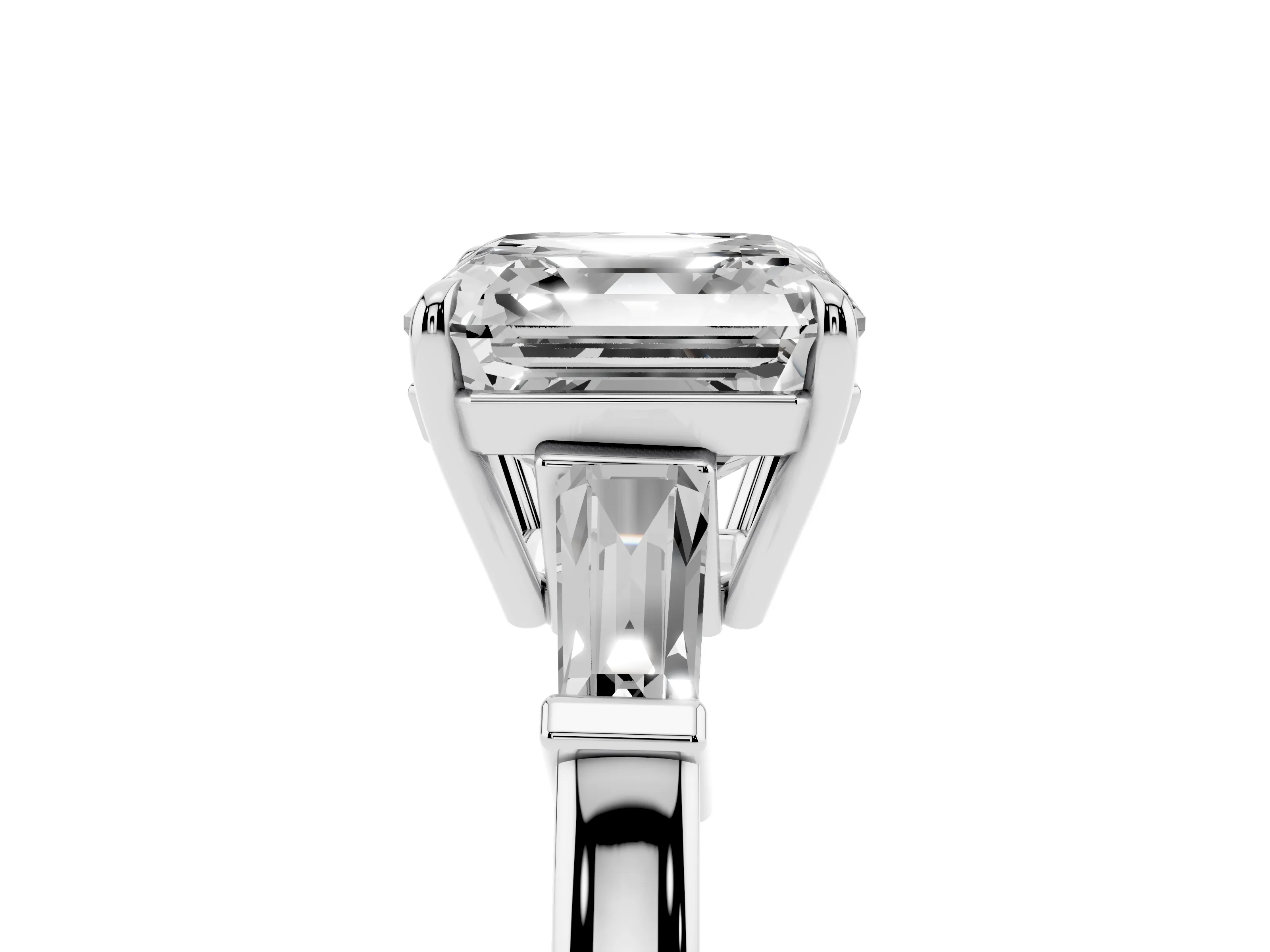 Asscher Cut Diamond Three-Stone Ring Set in White gold with Tapered Baguette Side Stones and Prong Setting
