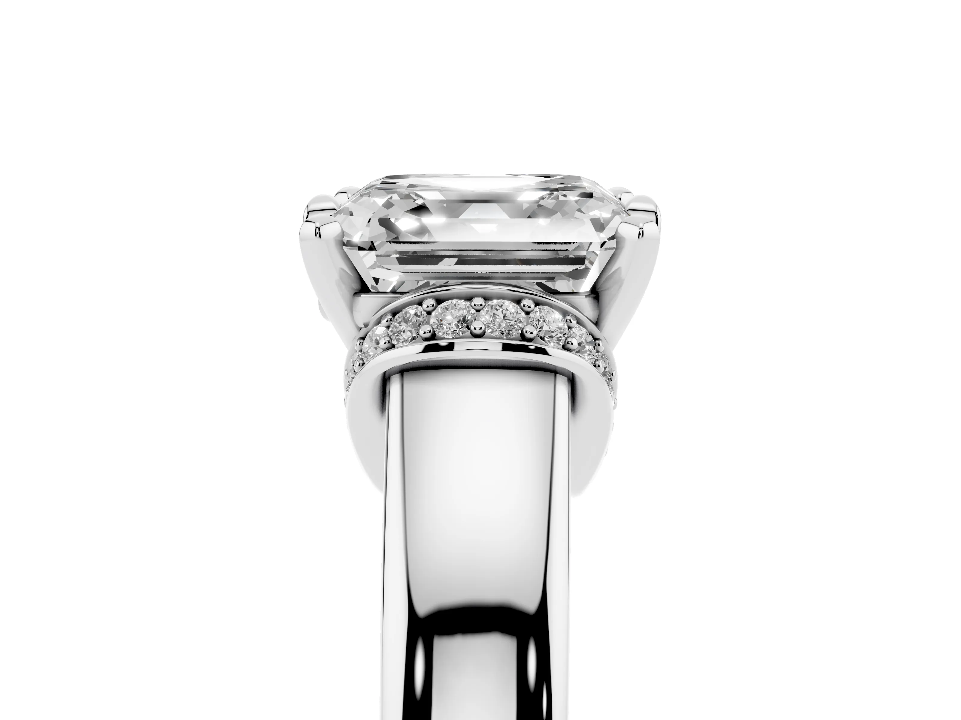 Asscher Cut Diamond Pavé Band Solitaire Ring Set in Silver with Prong Setting