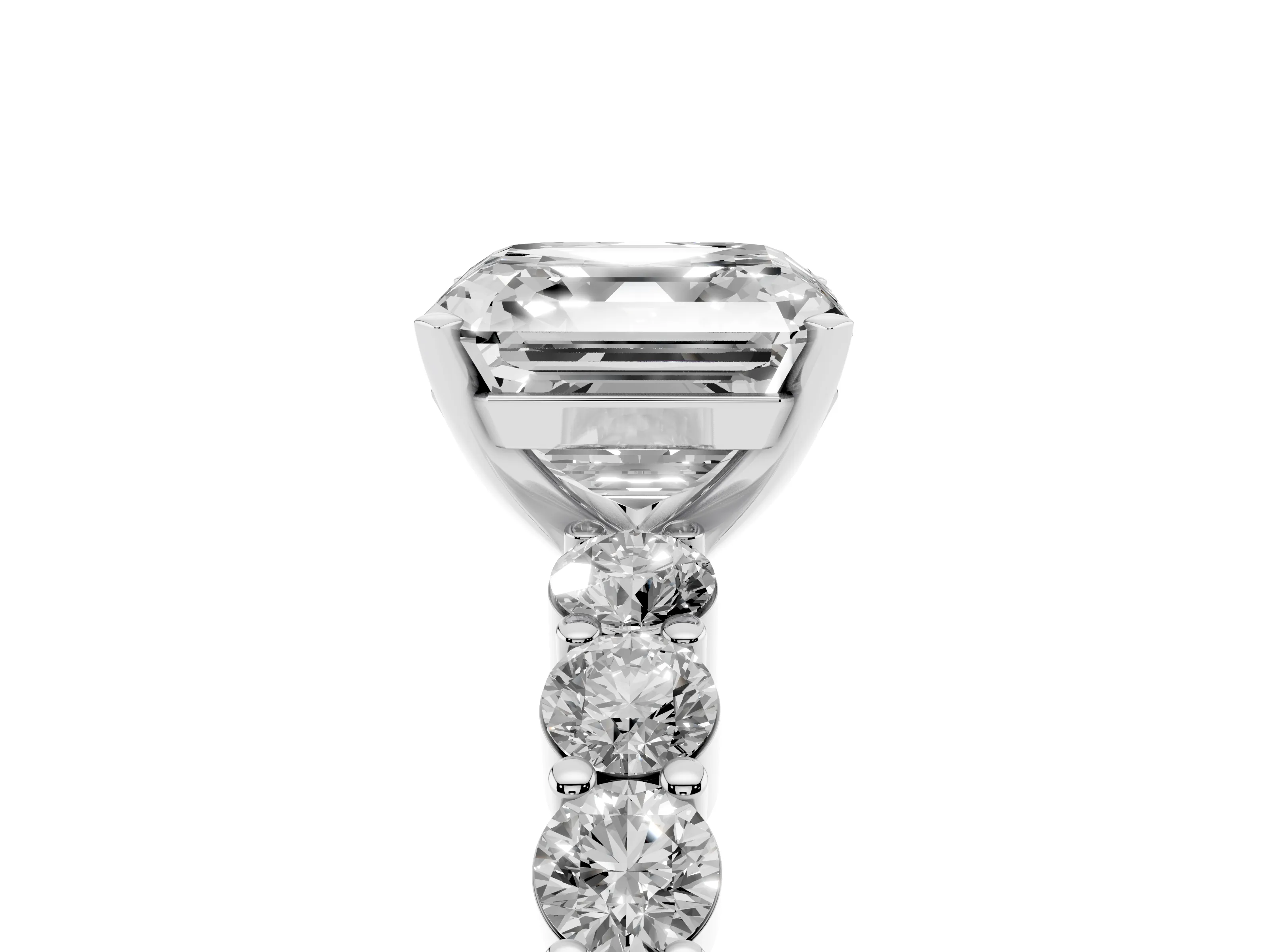 Asscher Cut Diamond Solitaire Ring Set in Silver with Shared Prong Round Side Stones