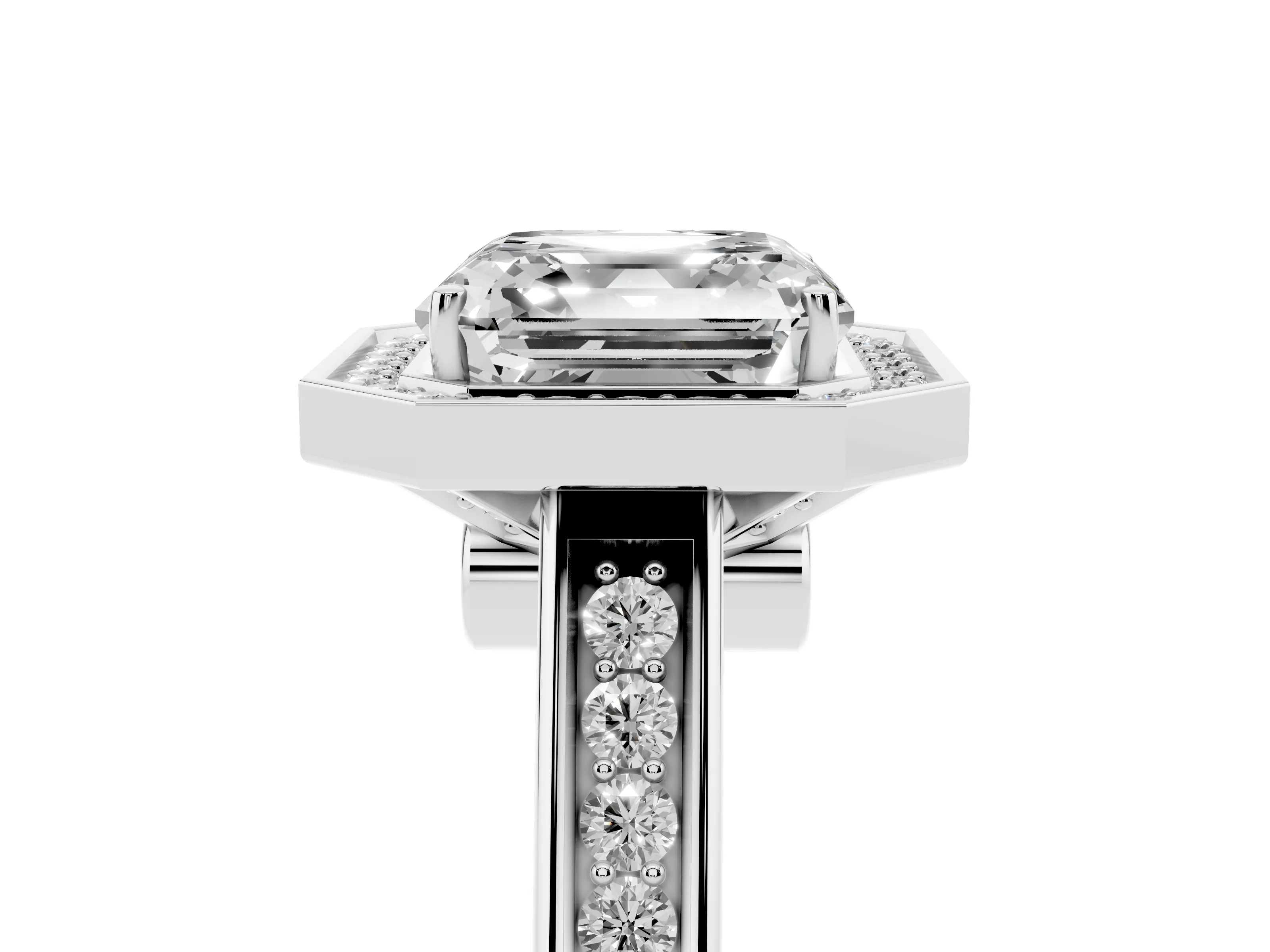 Asscher Cut Diamond Halo Solitaire Ring Set in Platinum with Pavé Band and Bezel Setting