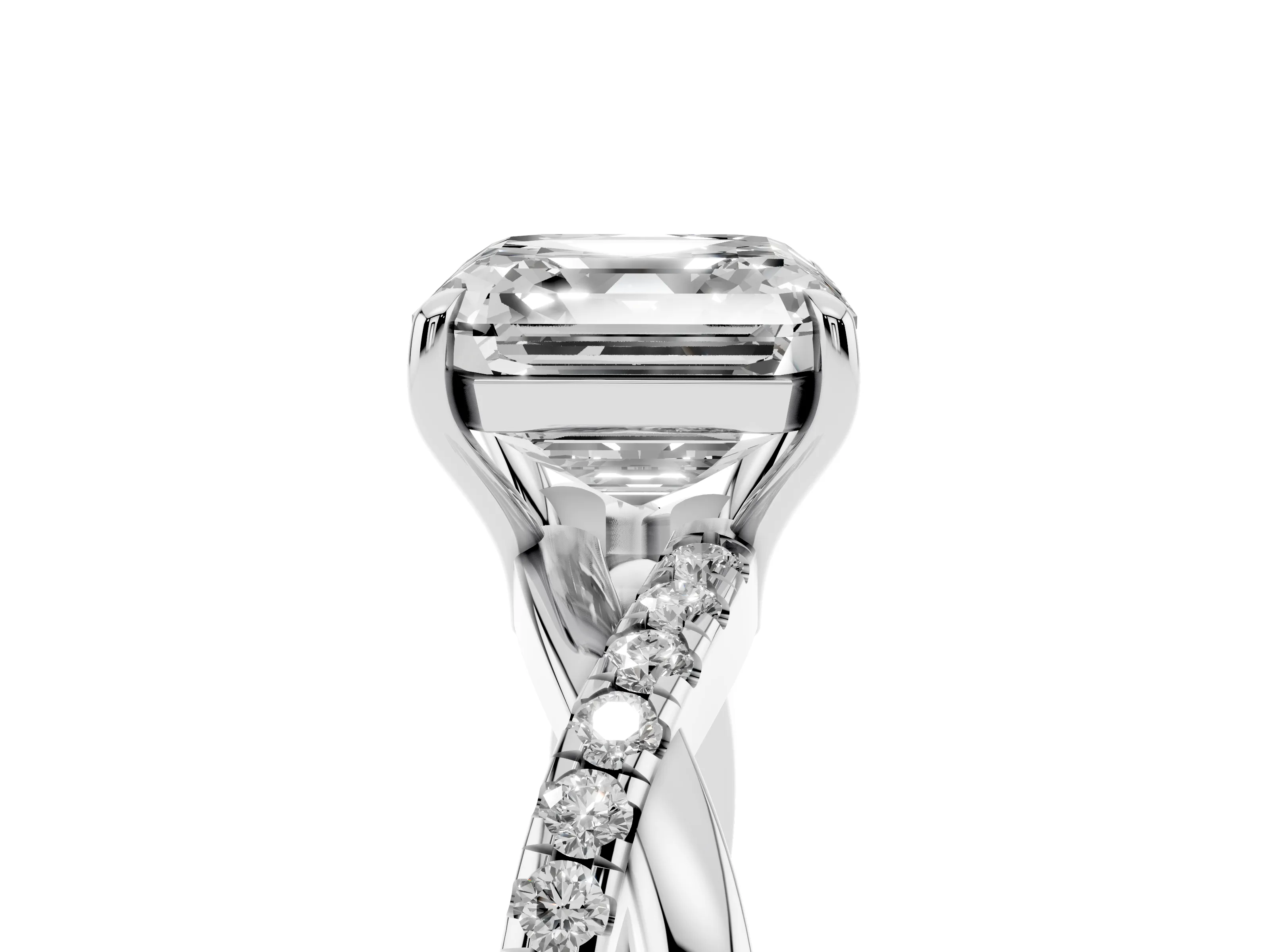 Asscher Cut Diamond Twisted Pavé Band Ring Set in White gold with Prong Setting