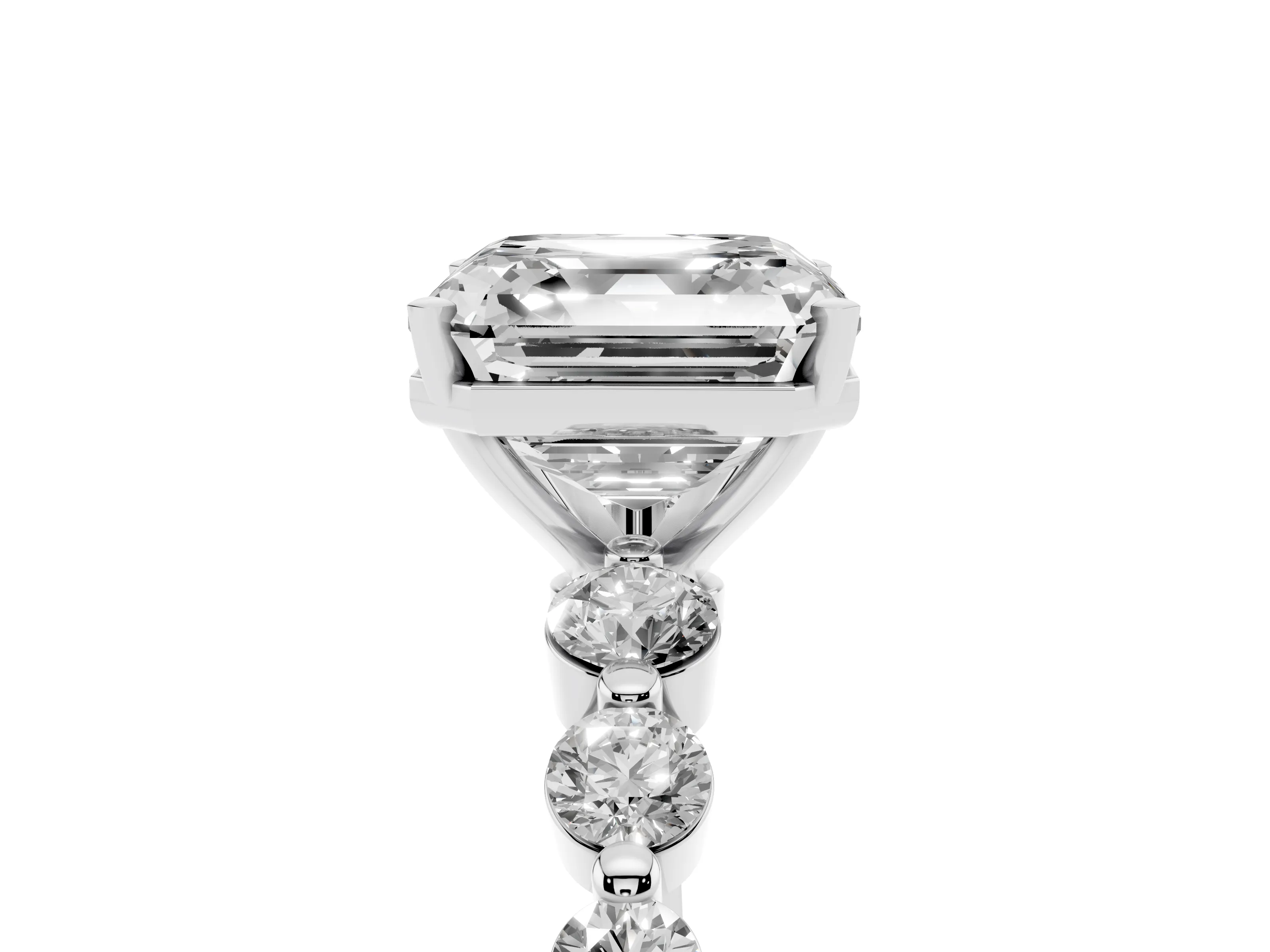 Asscher Cut Diamond Solitaire Ring Set in White gold with Pavé Band and Prong Setting