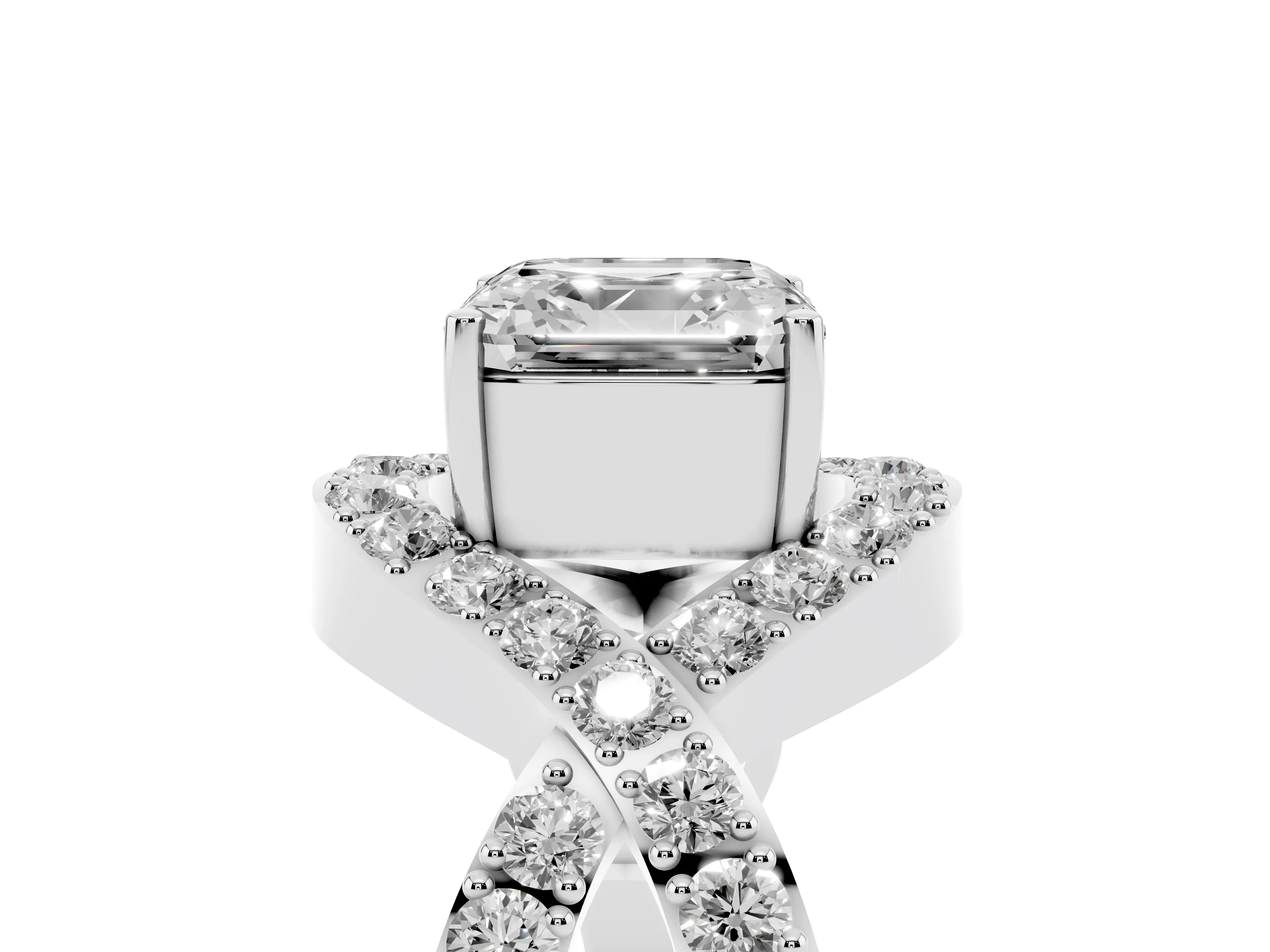 Asscher Cut Diamond Solitaire Twist Band Pavé Engagement Ring Set in Platinum