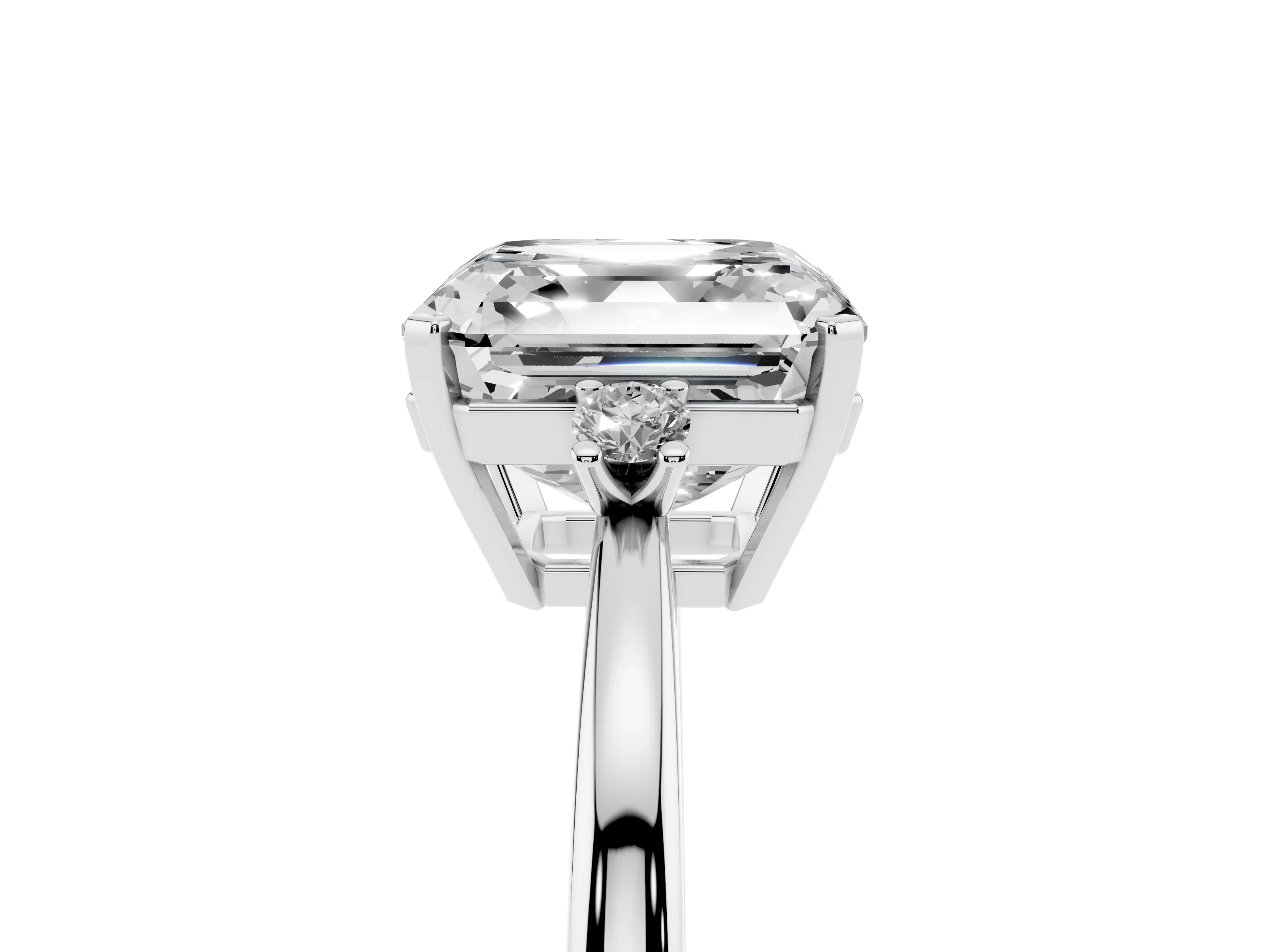 Three-Stone Asscher Cut Diamond Solitaire Ring Set in Silver with Round Accent Stones and Prong Setting