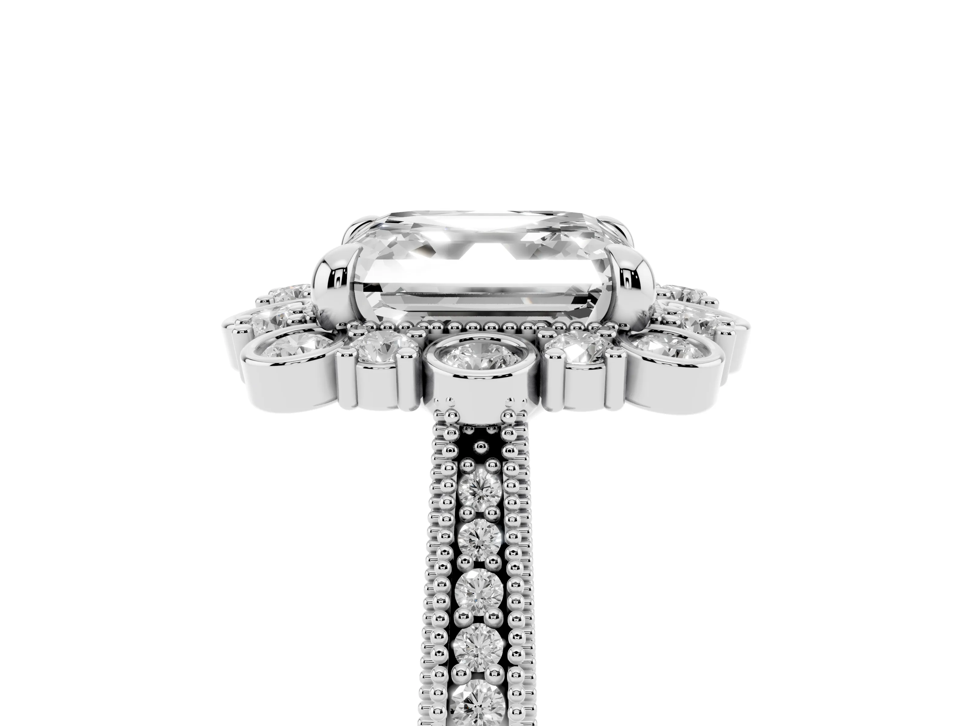 Asscher Cut Diamond Halo Milgrain Pavé Ring Set in White gold with Prong Setting