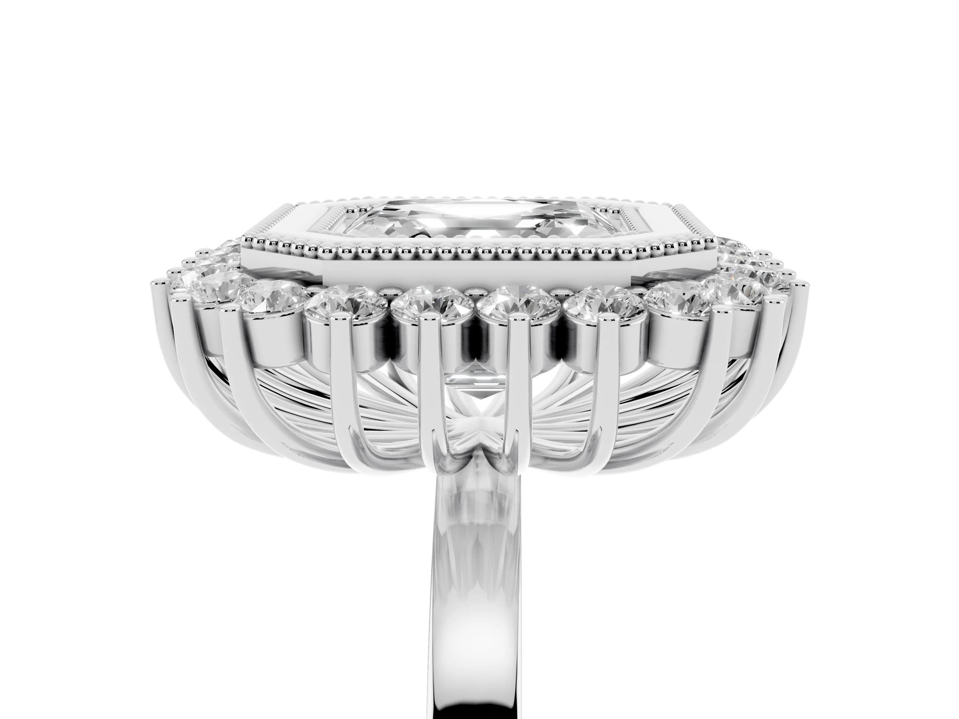 Asscher Cut Diamond Halo Ring Set in Platinum with Milgrain Edge and Round Prong Setting