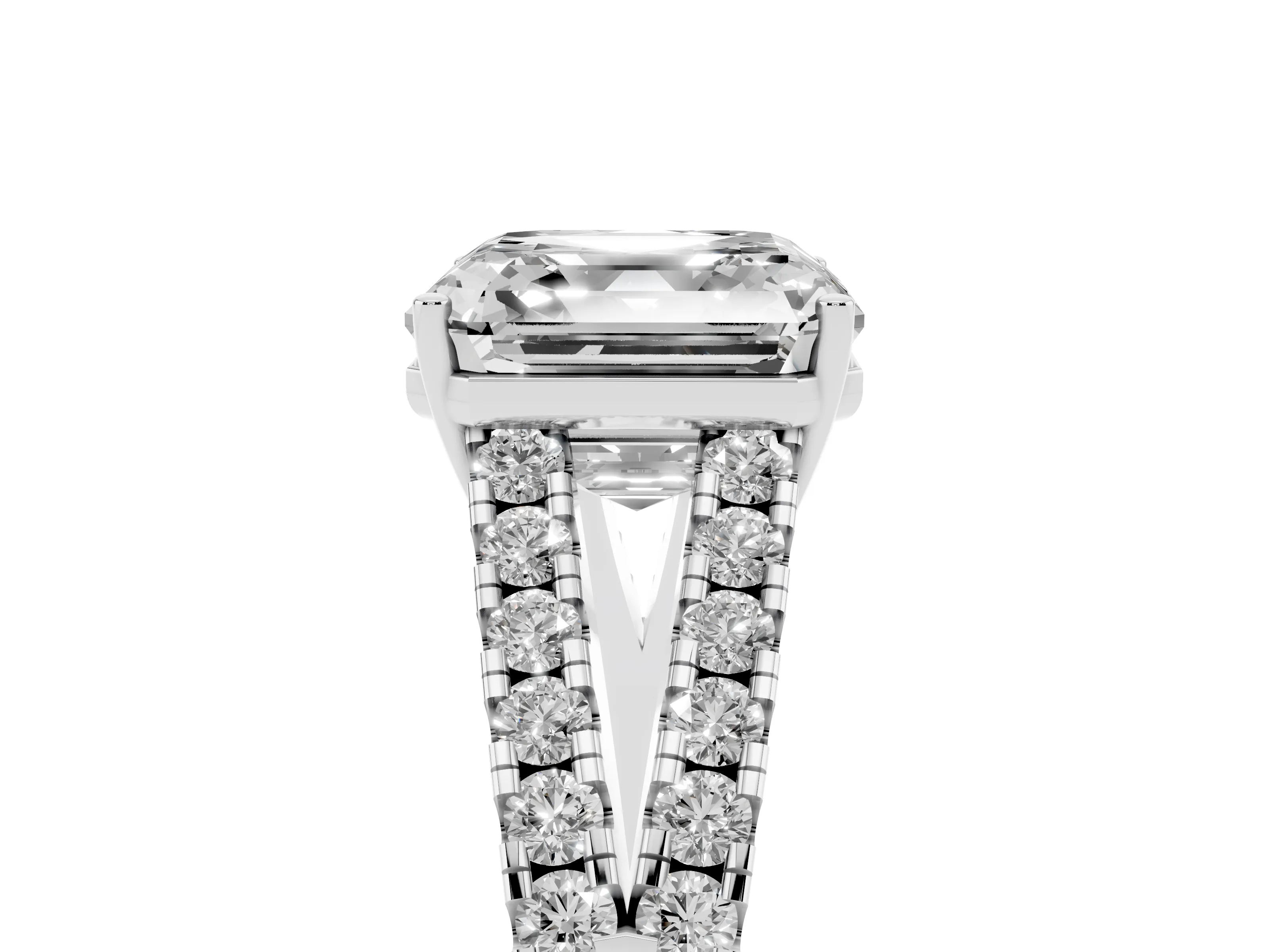 Asscher Cut Diamond Split Shank Engagement Ring Set in Platinum with Round Pavé and Prong Setting