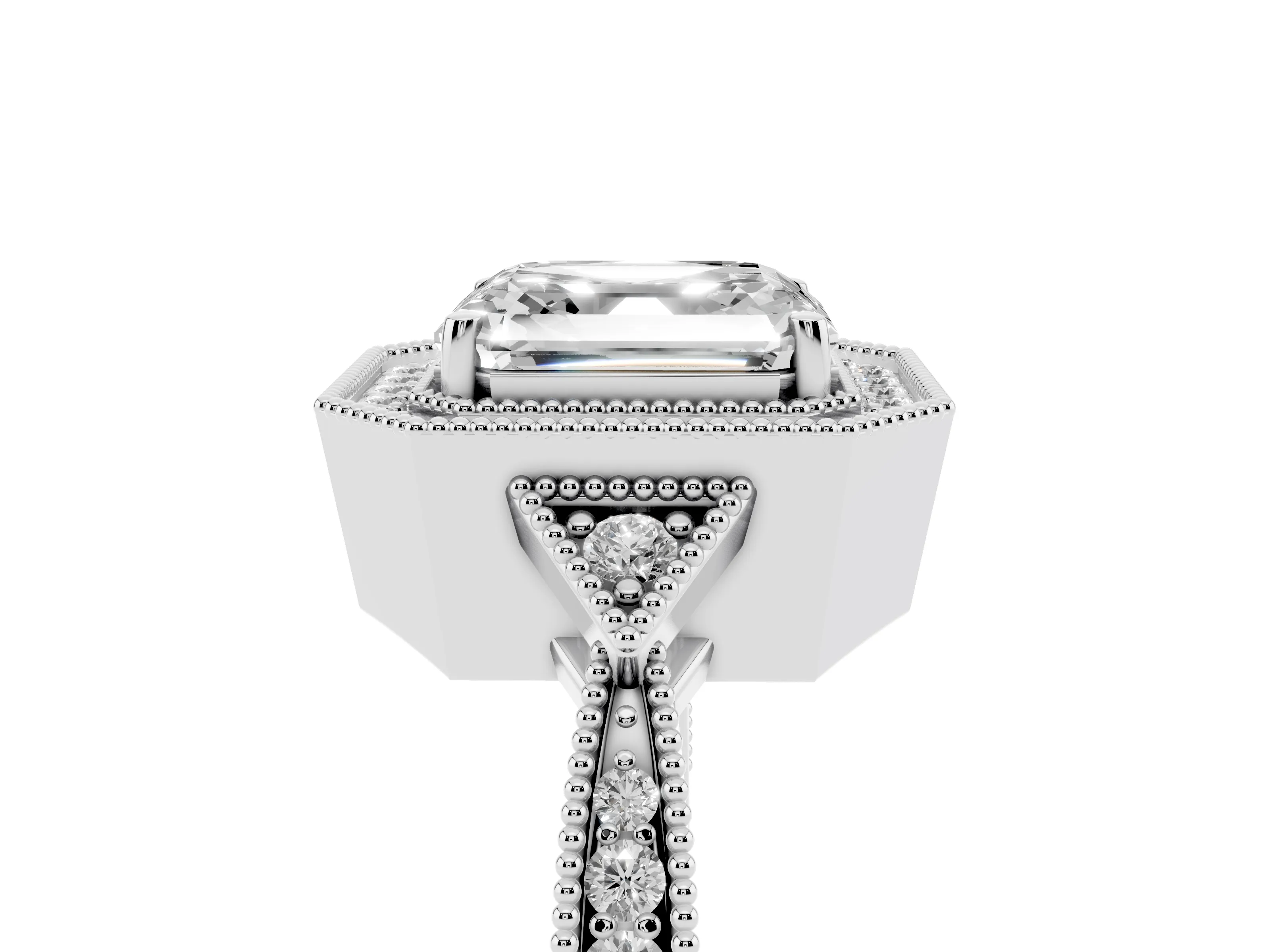 Asscher Cut Diamond Halo Engagement Ring Set in White gold with Milgrain Pavé Band