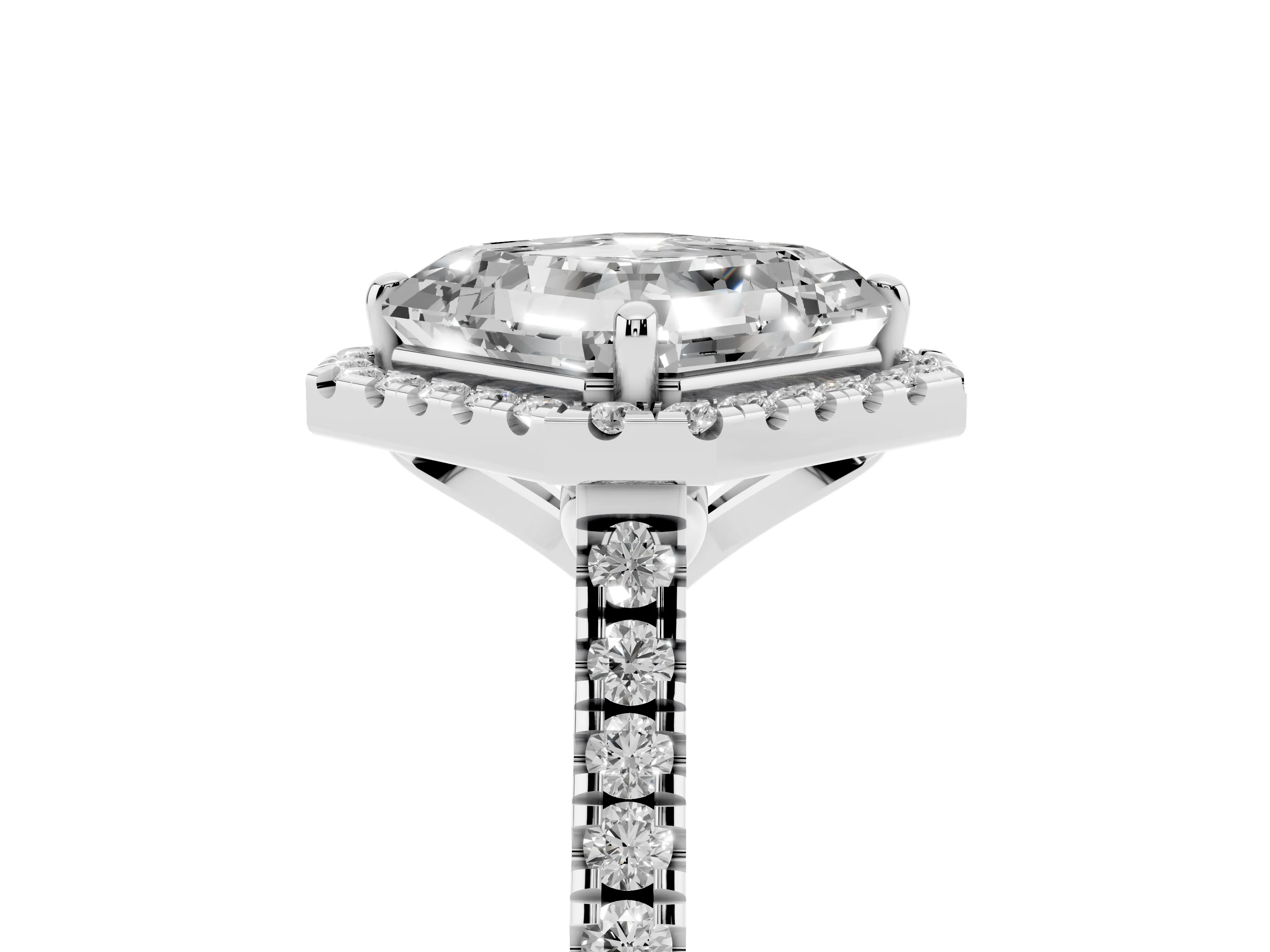 Asscher Cut Diamond Cushion Halo Ring Set in Silver with Pavé Band