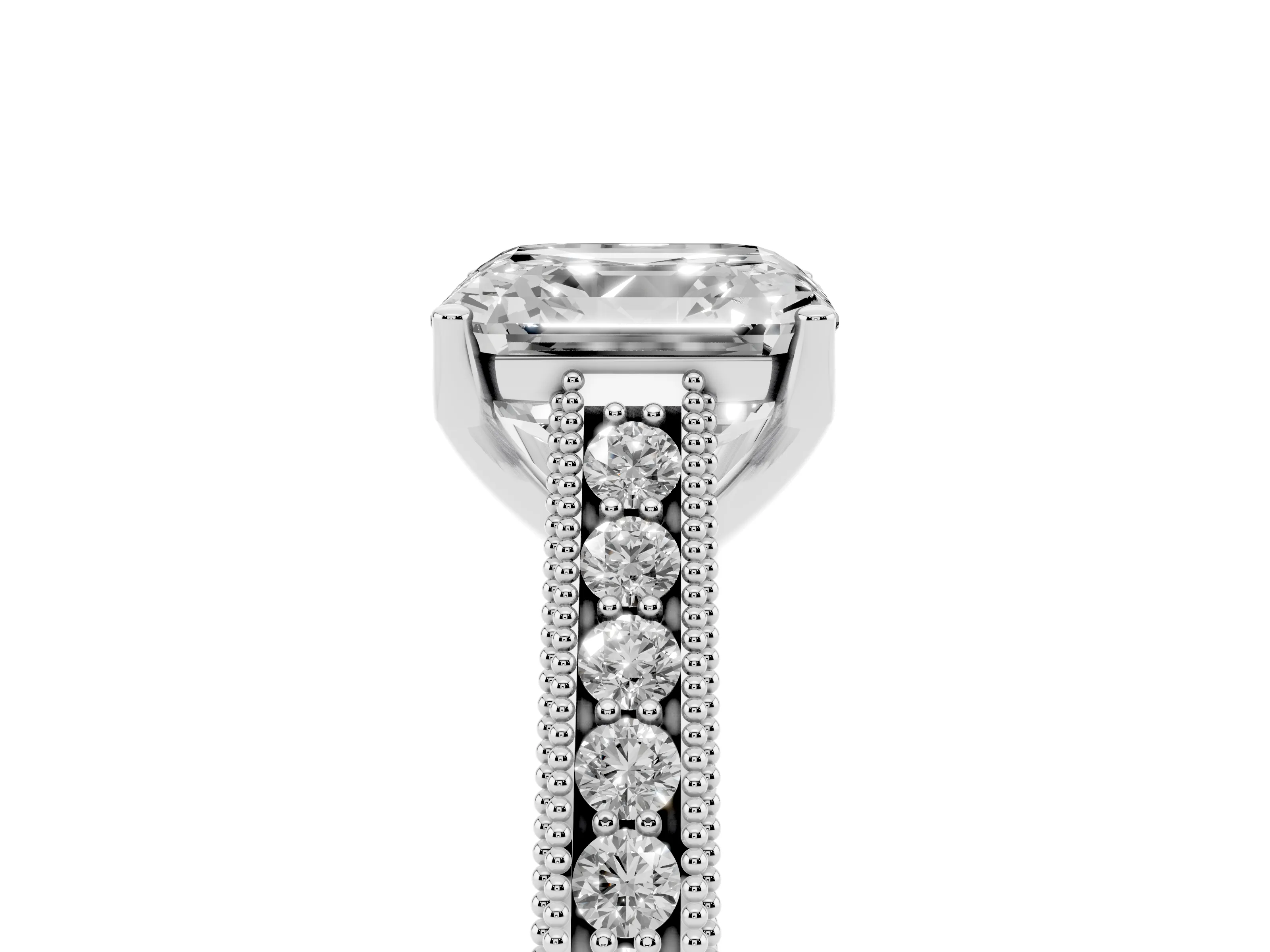 Asscher Cut Diamond Milgrain Pavé Band Solitaire Ring Set in Platinum with Prong Setting