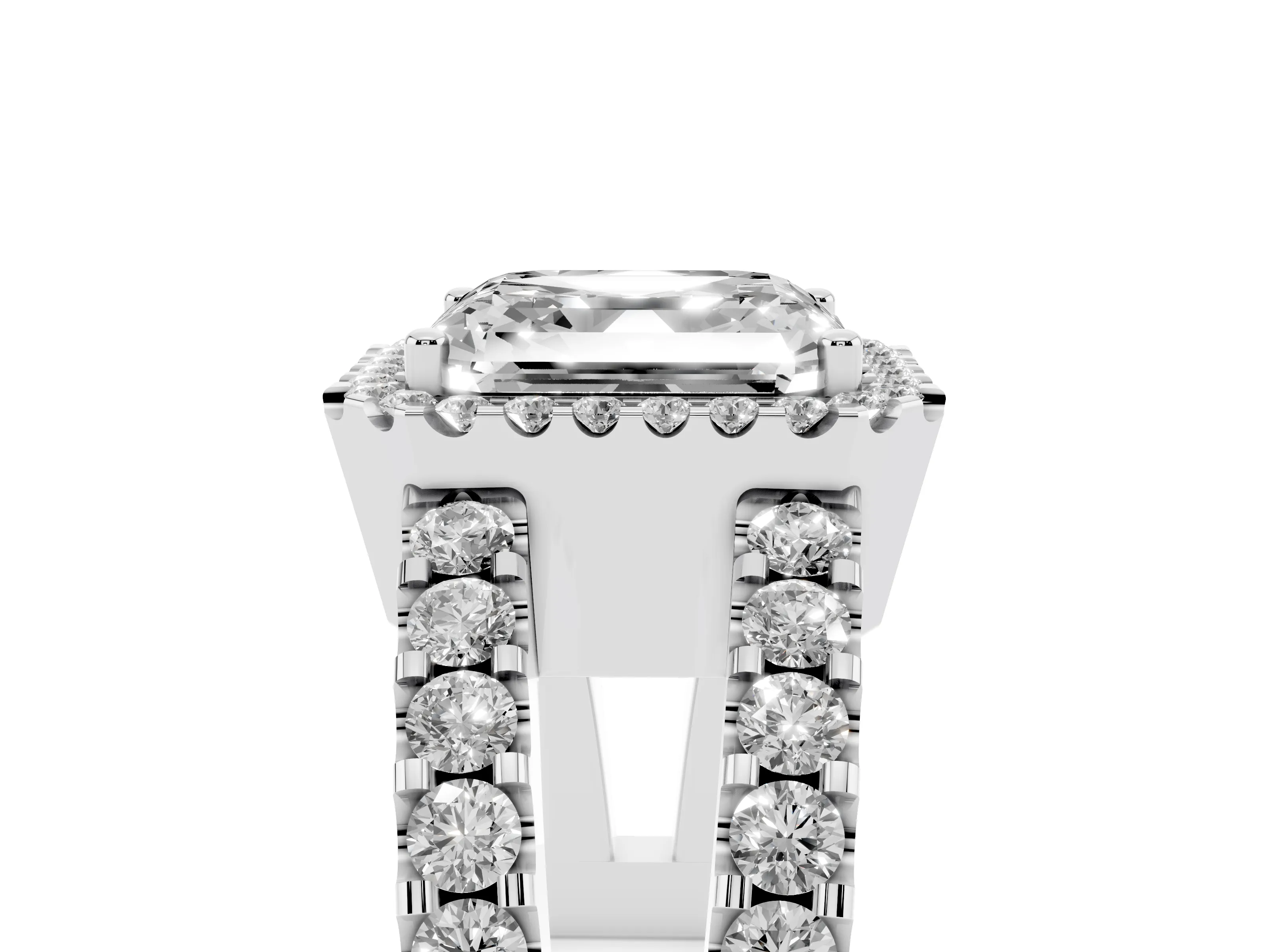Asscher Cut Diamond Halo Ring Set in Platinum with Pavé Split Shank and Prong Setting