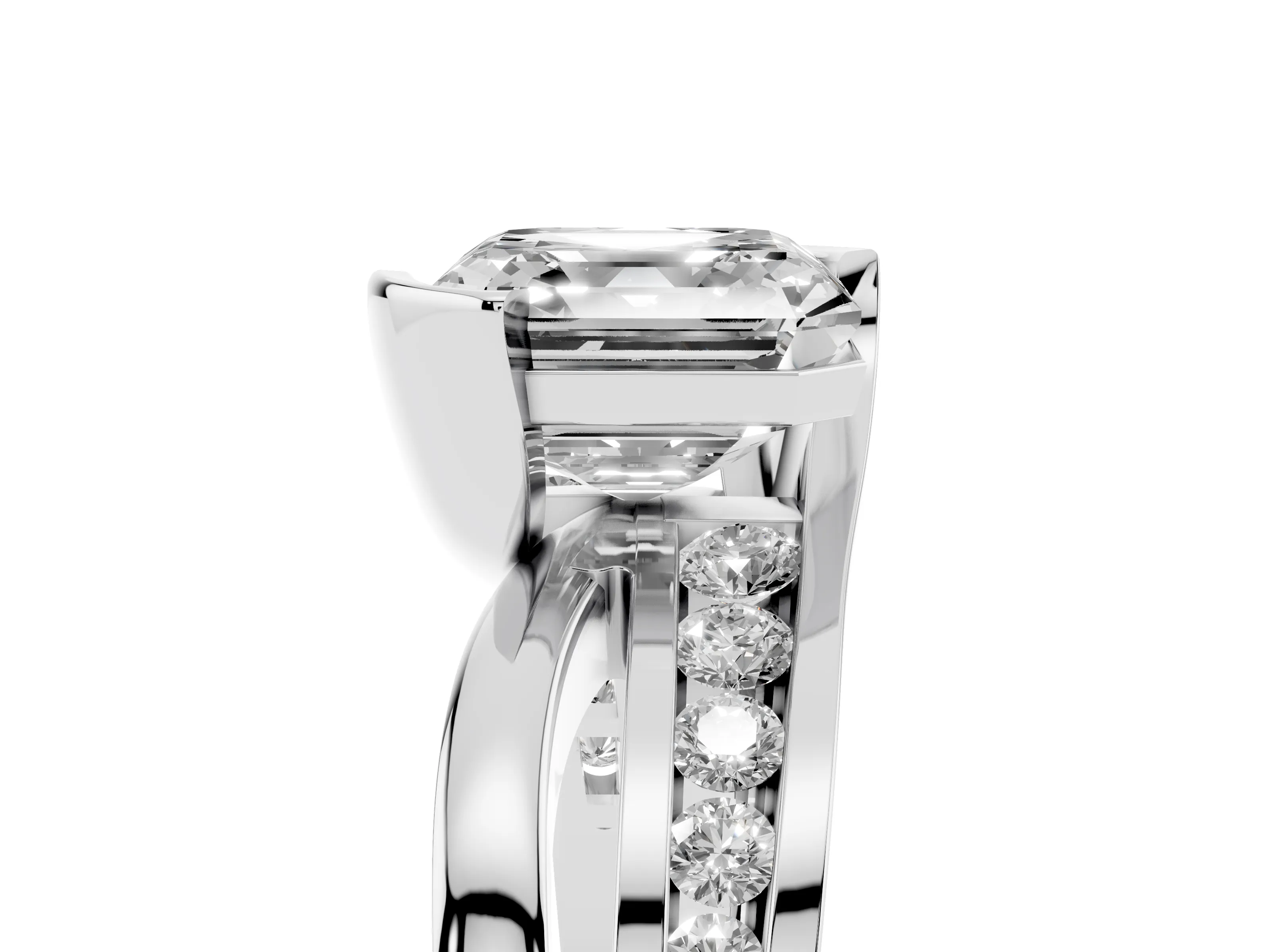 Asscher Cut Diamond Solitaire Ring Set in Platinum with Channel Set Split Shank and Tension Prongs
