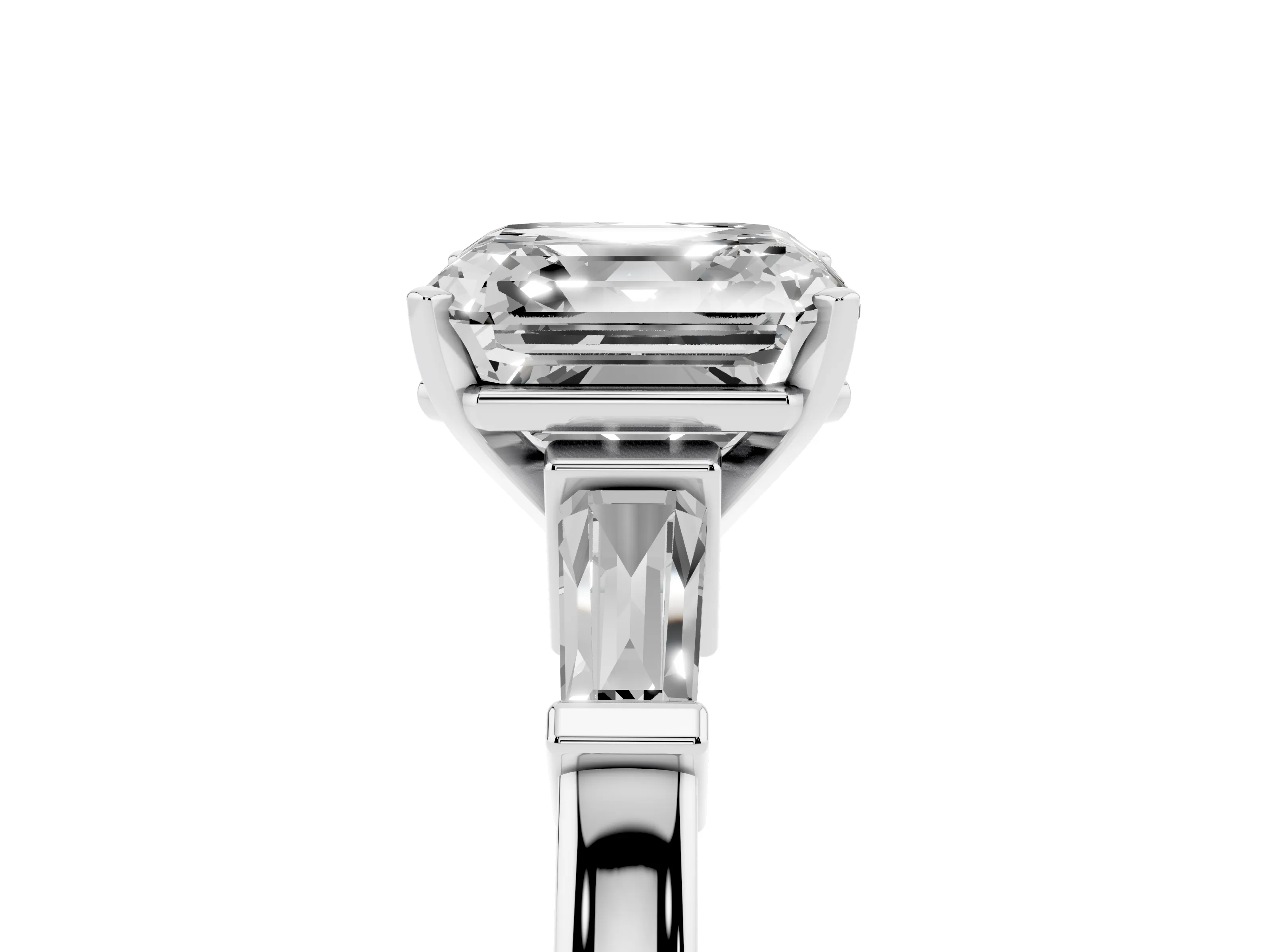 Asscher Cut Diamond Solitaire Ring Set in Platinum with Tapered Baguette Accents and Prong Setting