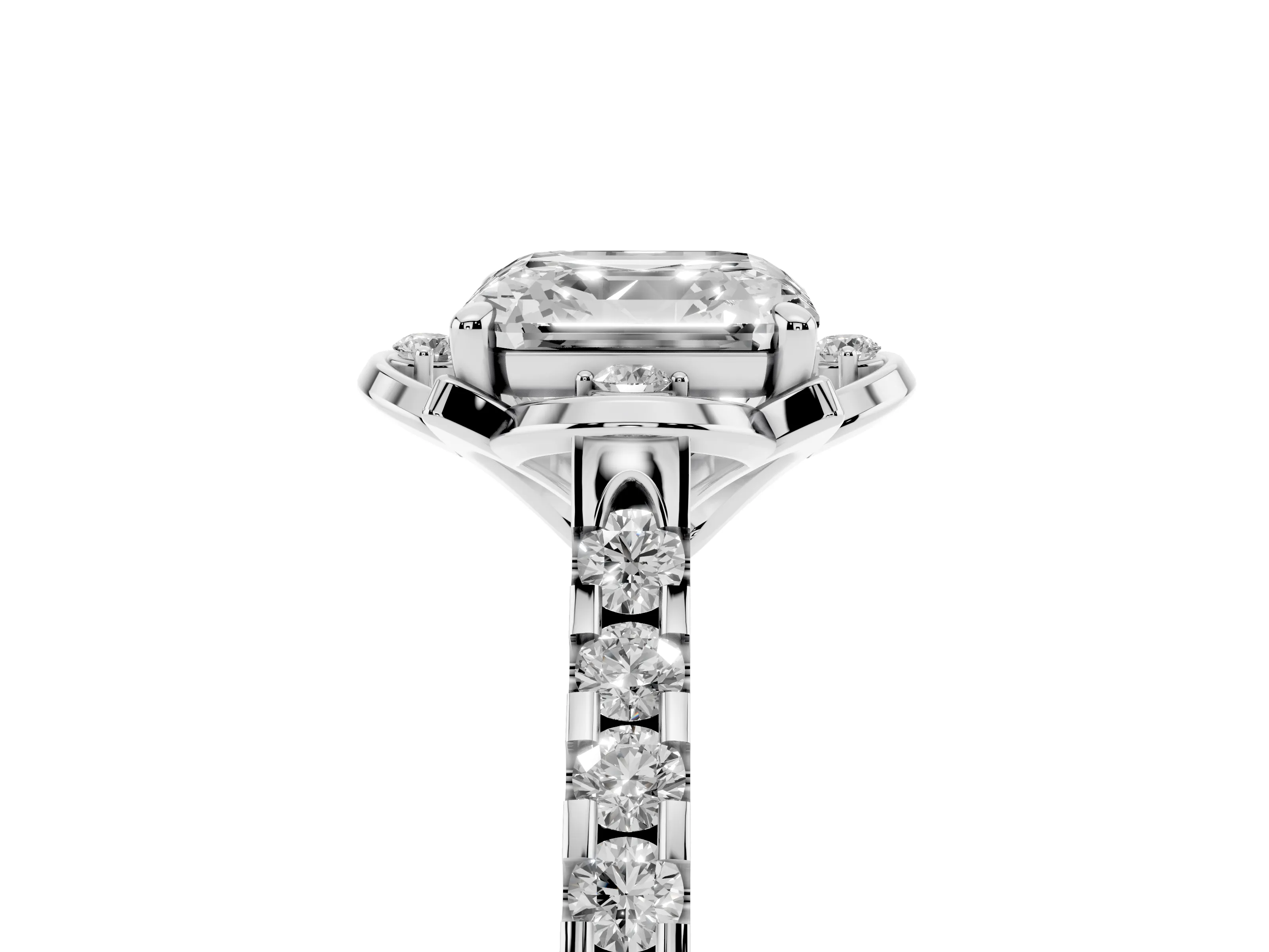 Asscher Cut Diamond Solitaire Ring Set in Silver with Pavé Band and Floral Prong Setting