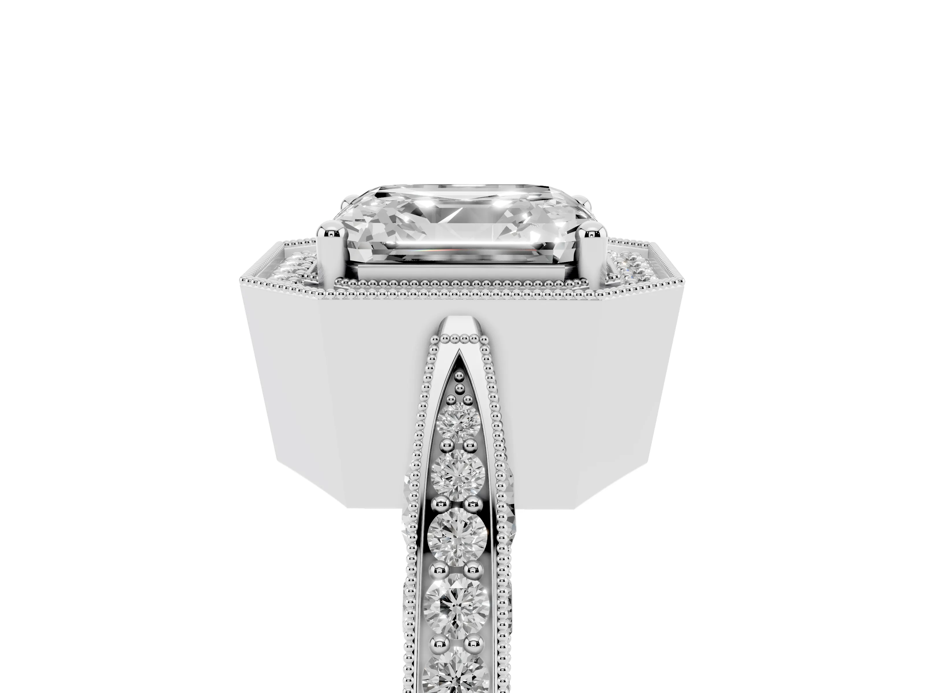 Asscher Cut Diamond Halo Engagement Ring Set in White gold with Accent Split Shank Band