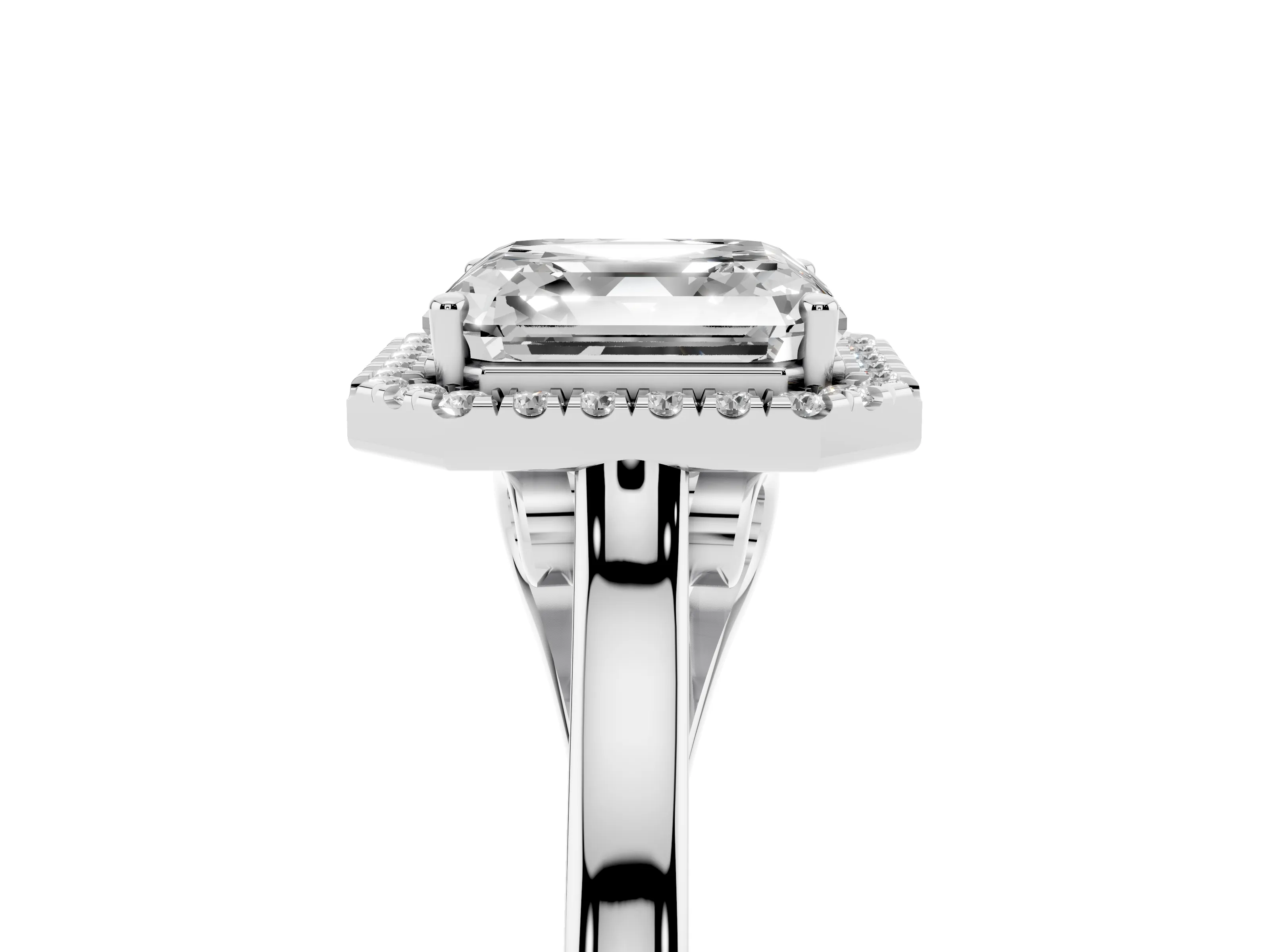 Asscher Cut Halo Round Diamond Solitaire Ring Set in Silver with Pavé Band and Prong Setting