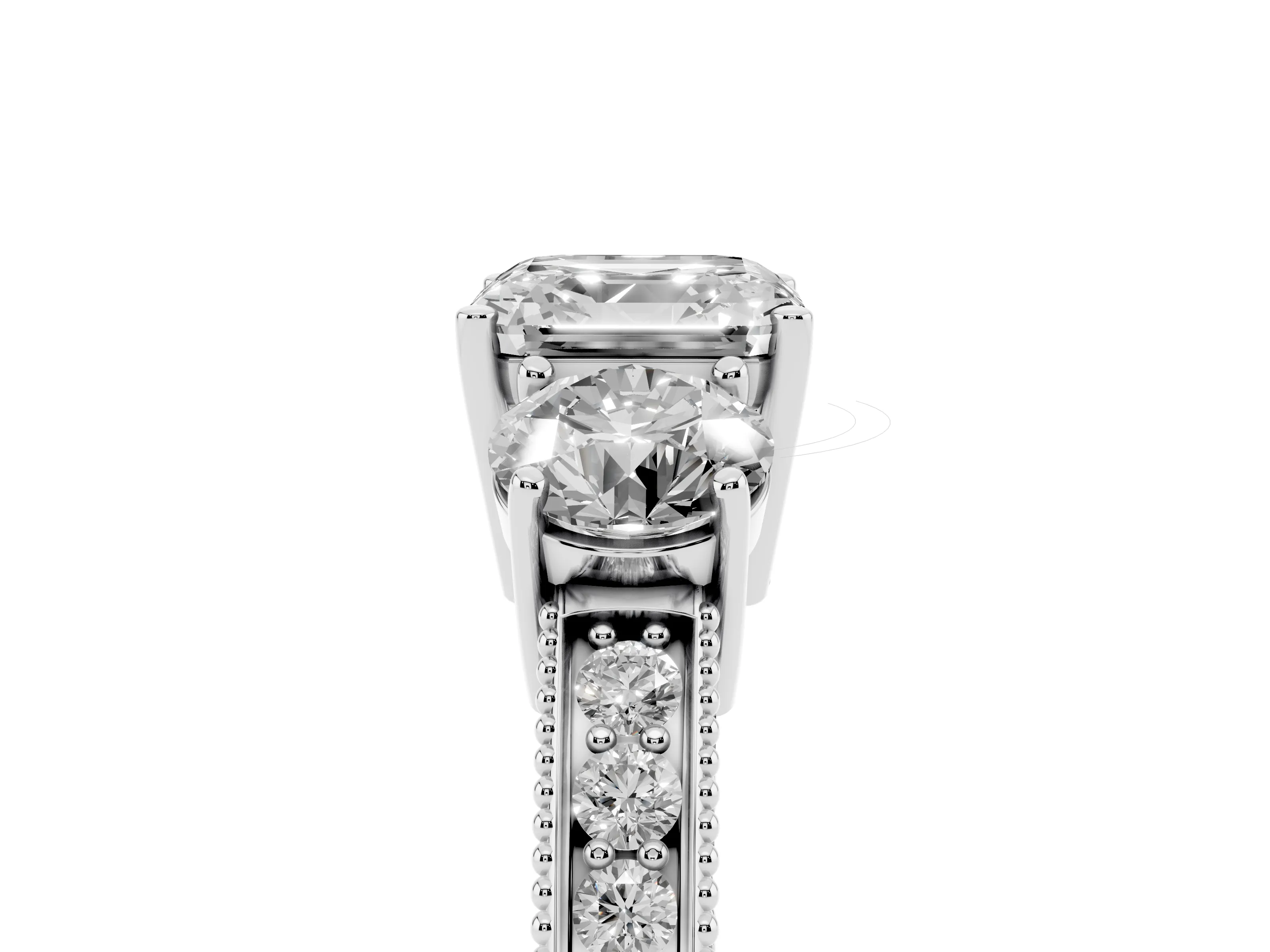 Asscher Cut Diamond Three-Stone Ring Set in Platinum with Round Side Stones and Pavé Band