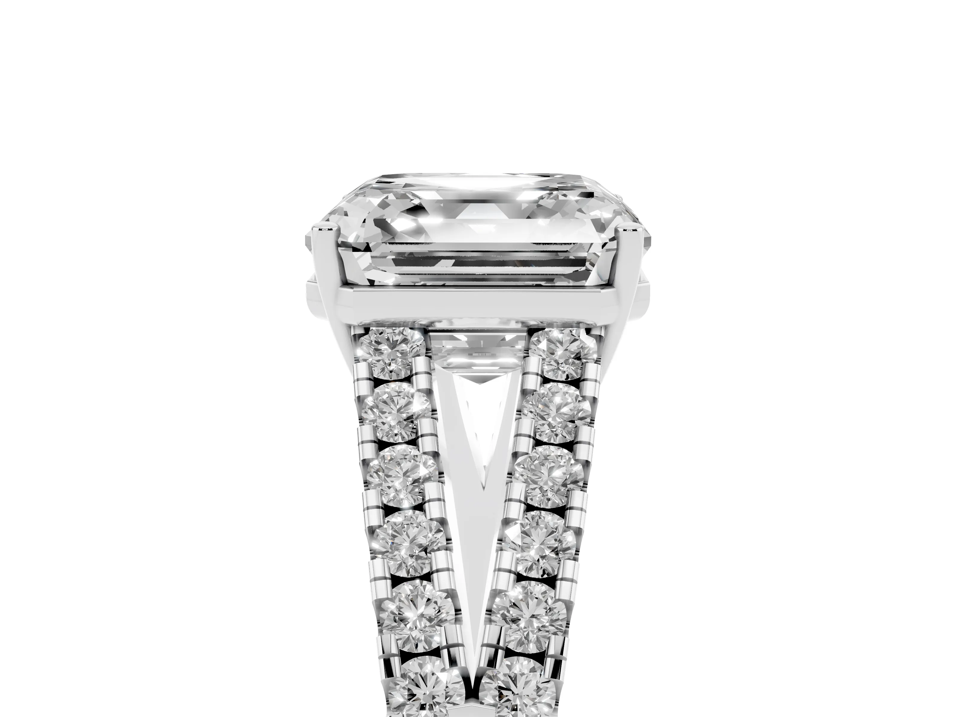 Asscher Cut Diamond Split Shank Pavé Engagement Ring Set in White gold with Prong-Held Center Stone