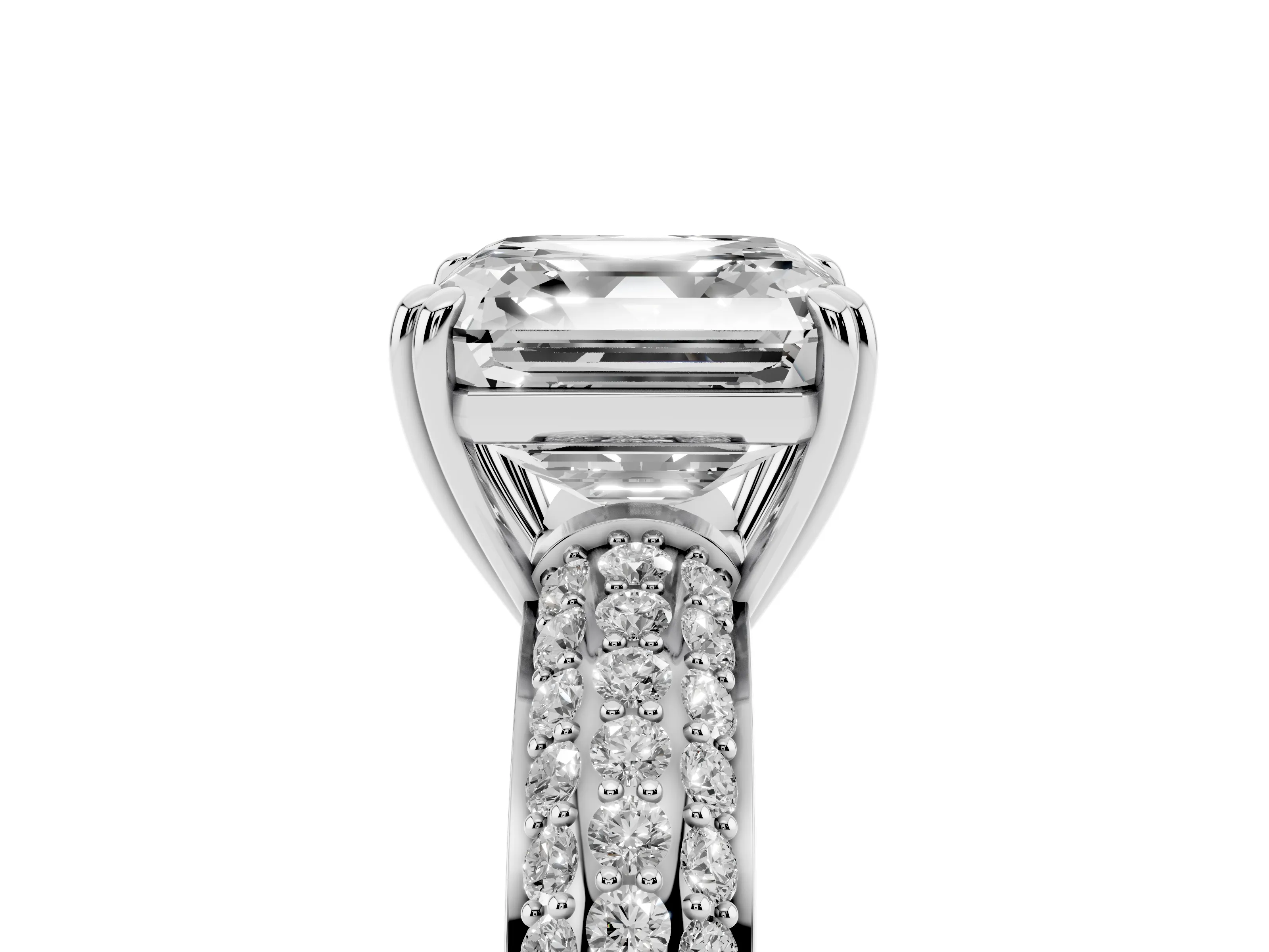 Asscher Cut Diamond Solitaire Ring Set in Platinum with Multi-Row Round Pavé Band and Prong Setting