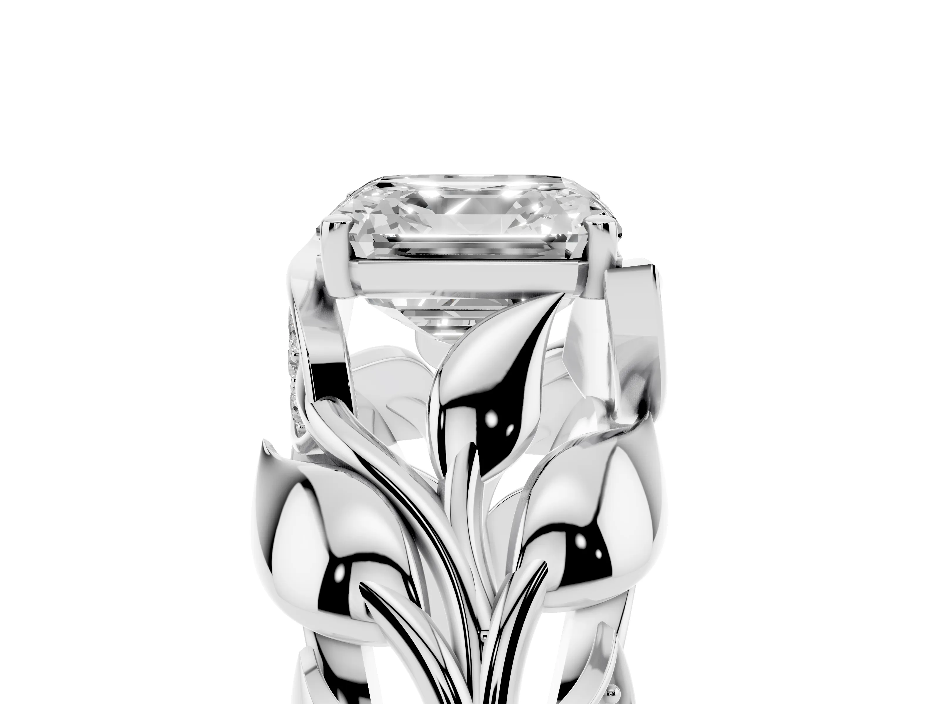 Asscher Cut Diamond Leaf-Inspired Engagement Ring Set in Silver with Round Accents