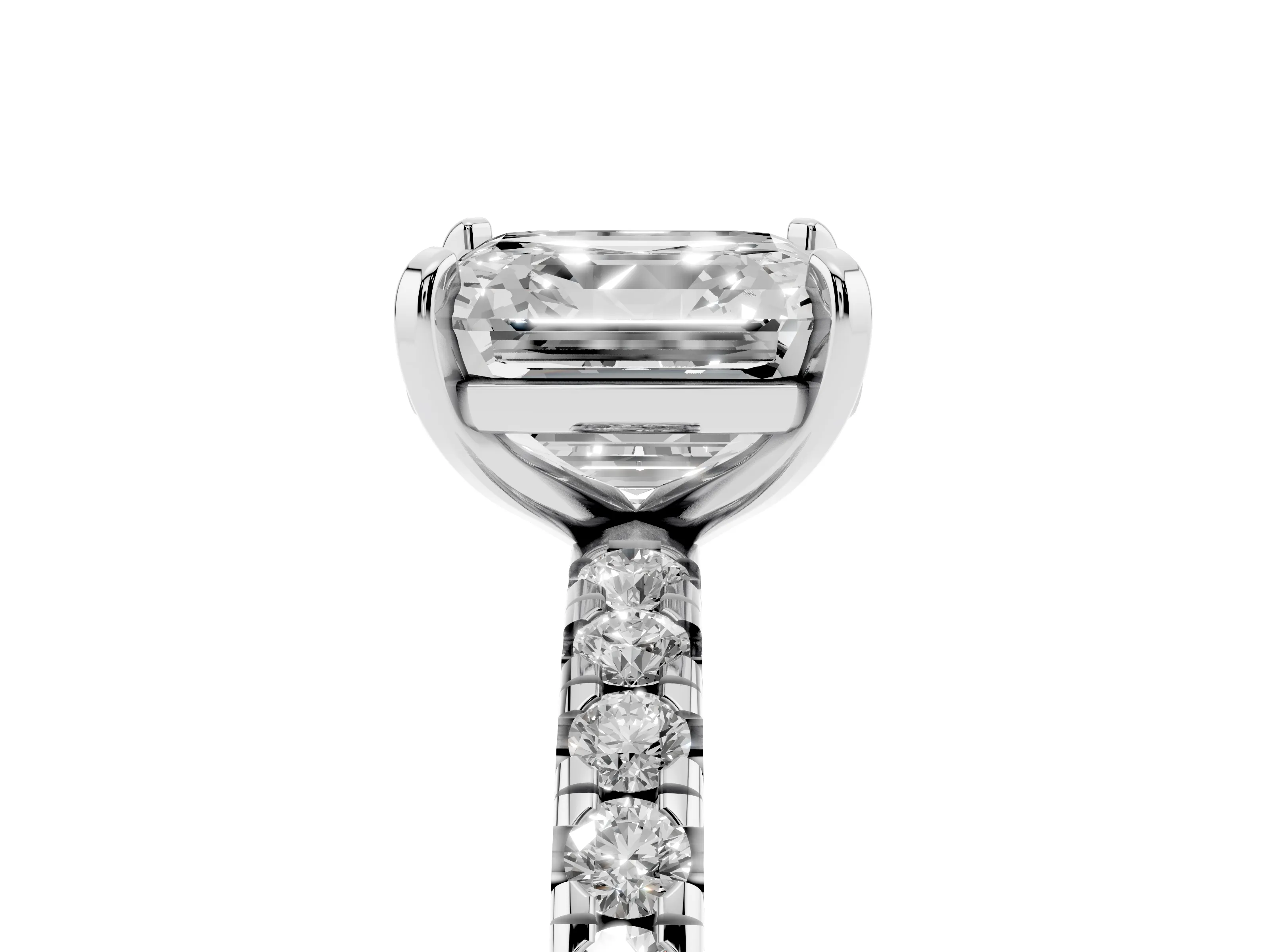 Asscher Cut Diamond Pavé Solitaire Ring Set in White gold with Round Band and Prong Setting
