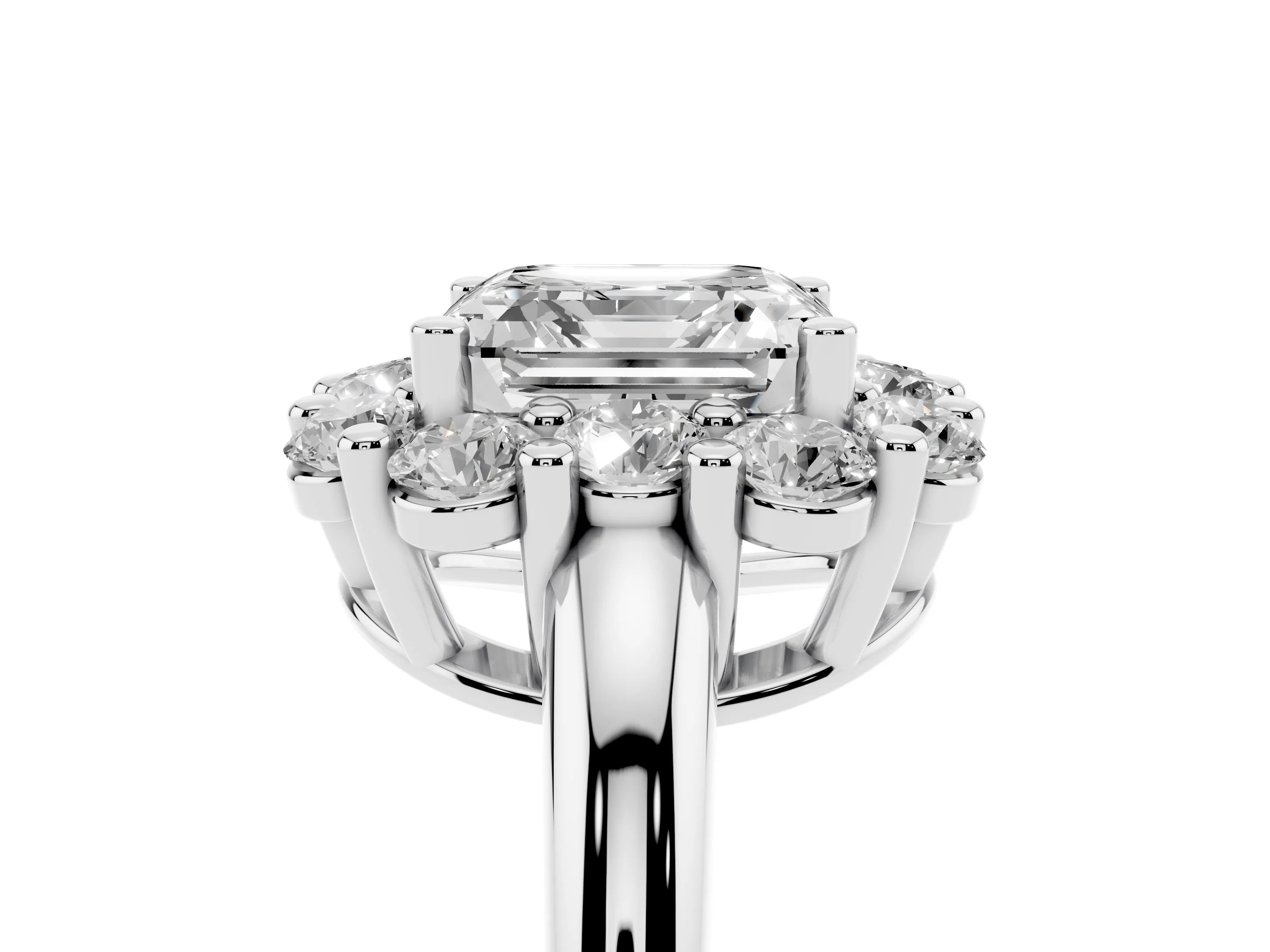 Asscher Cut Diamond Halo Cluster Engagement Ring Set in Silver with Polished Band and Prong Setting