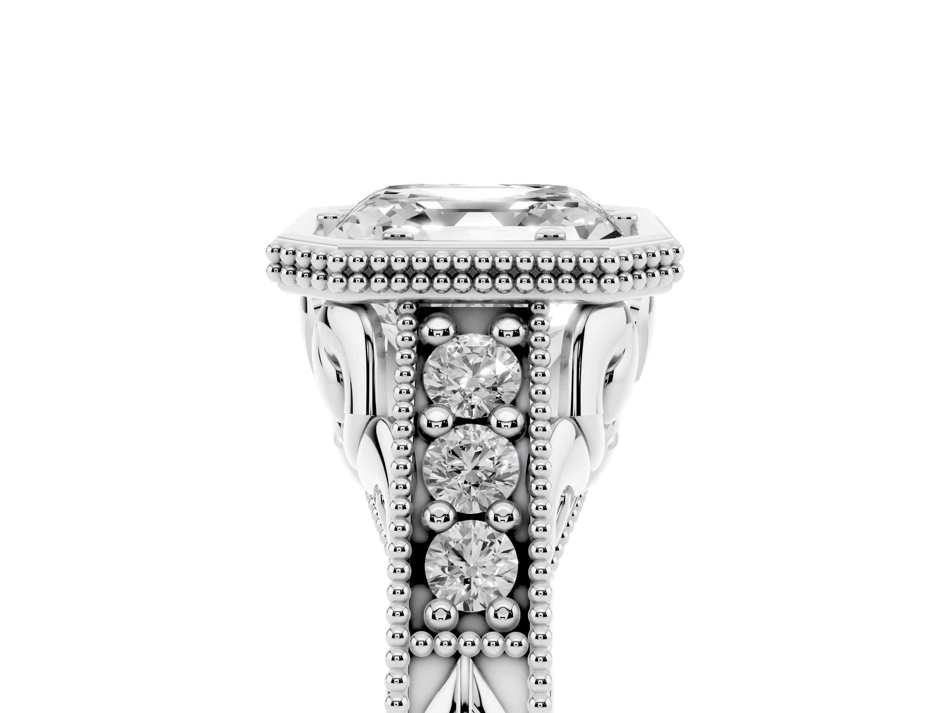 Bezel Set Asscher Cut Diamond Milgrain Pavé Engagement Ring Set in Silver