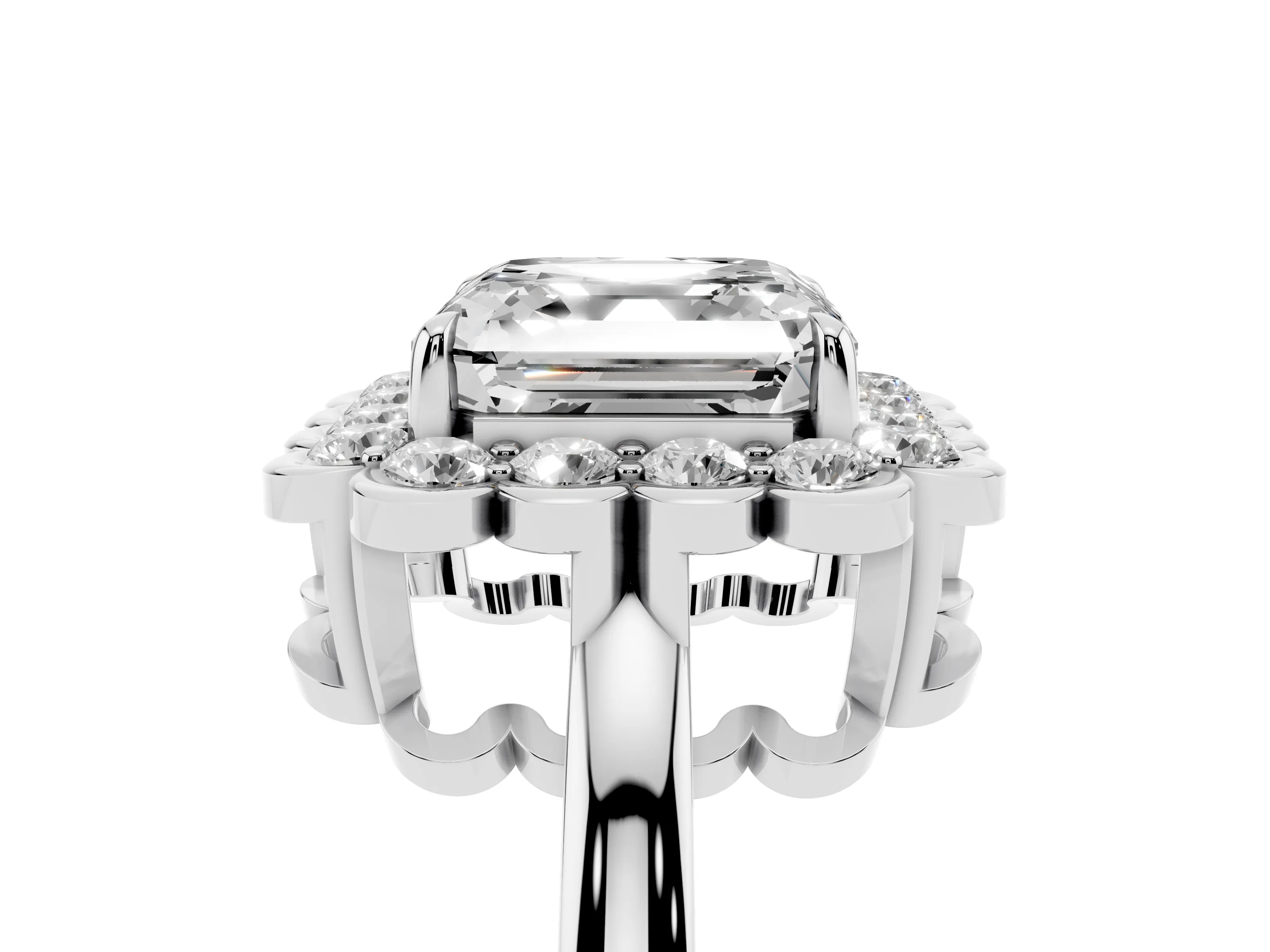 Asscher Cut Diamond Halo Cluster Engagement Ring Set in Silver with Solitaire Band and Prong Setting