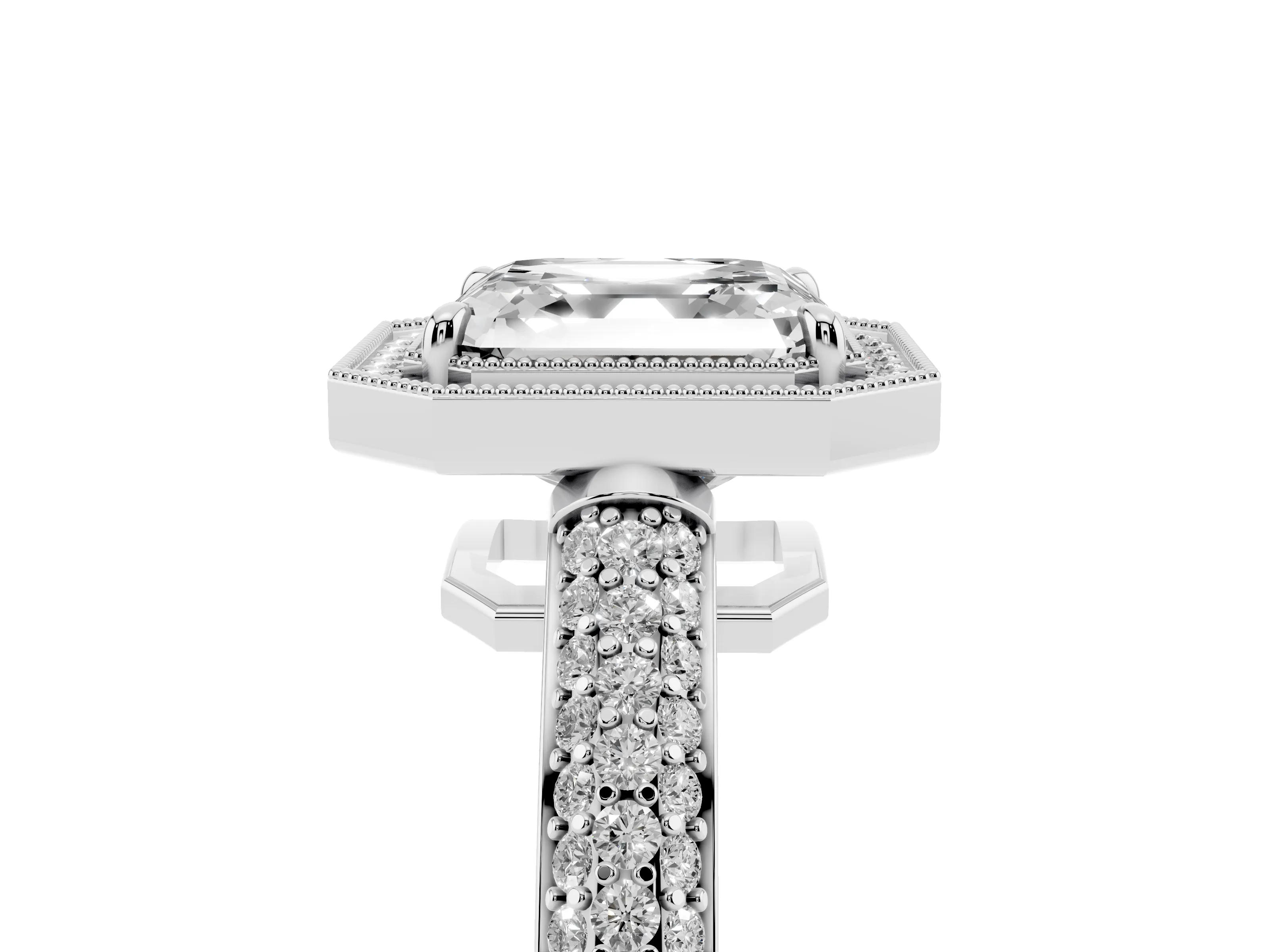 Asscher Cut Diamond Halo Pavé Band Set in Silver with Prong Setting
