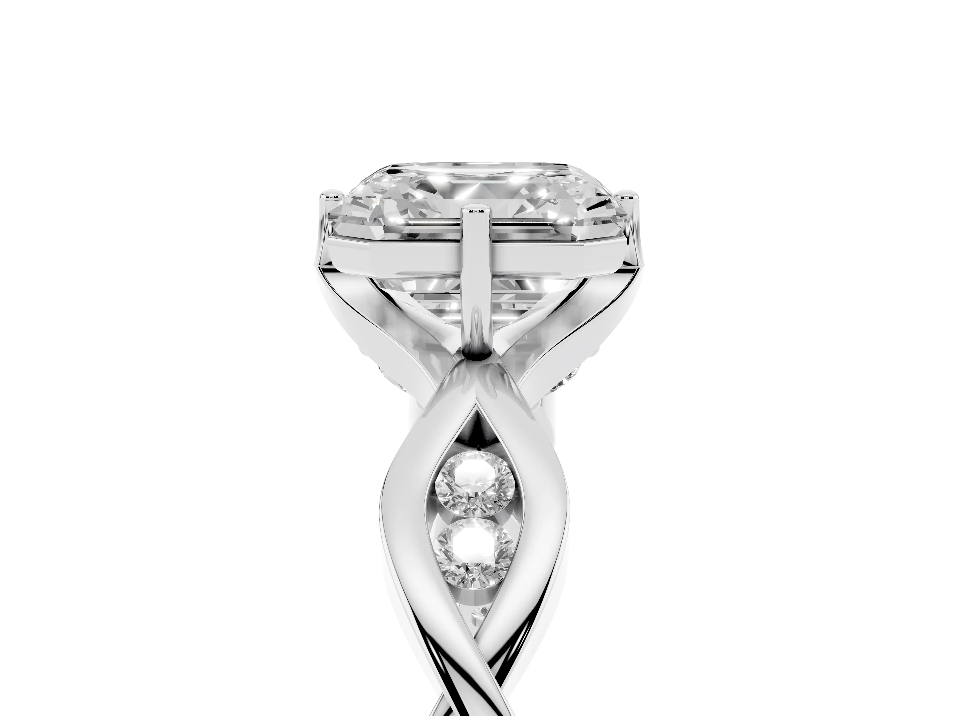 Asscher Cut Diamond Twist Band Solitaire Ring Set in White gold with Leaf Prong Setting and Accent Stones