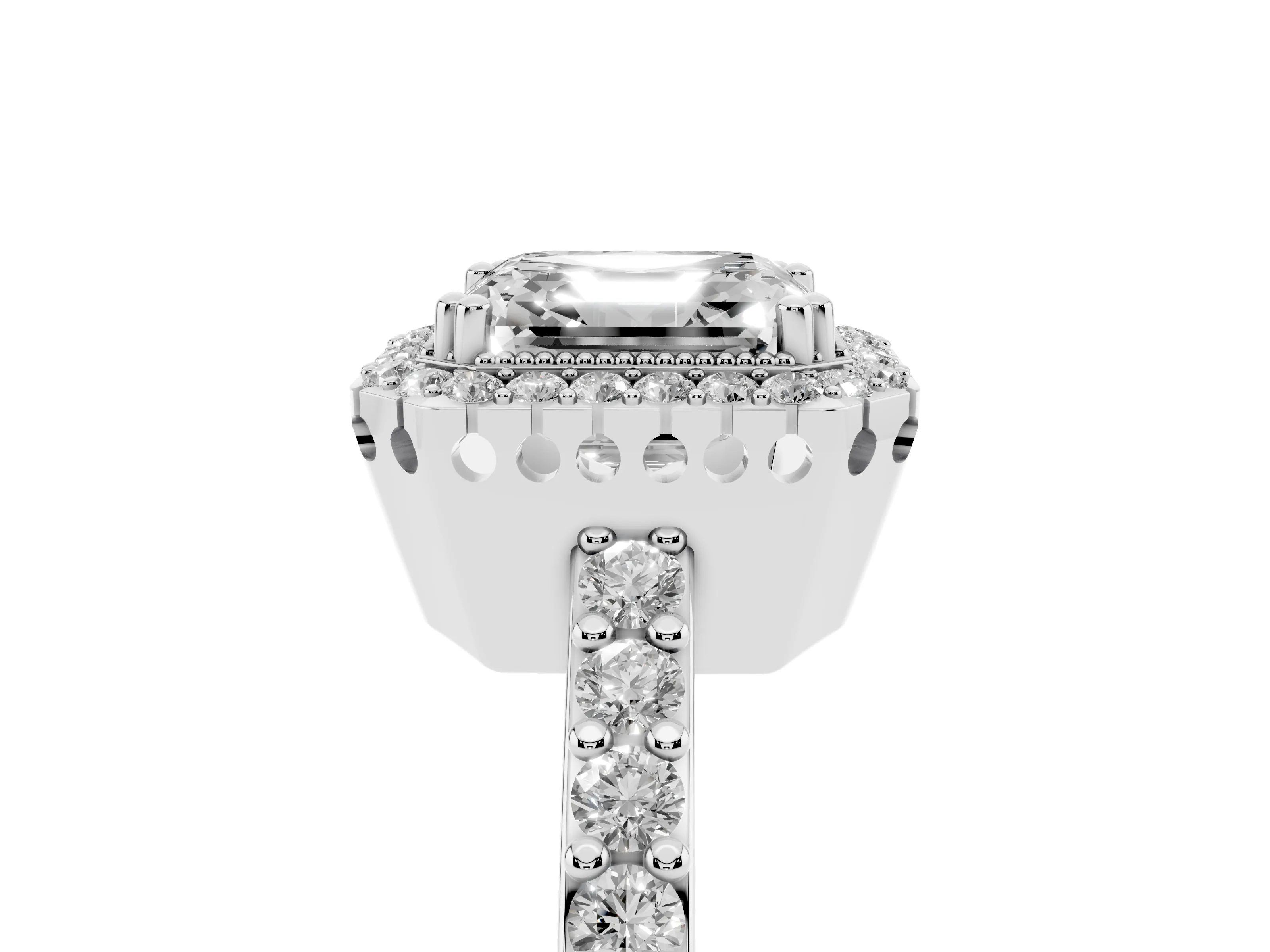 Asscher Cut Diamond Halo Engagement Ring Set in Silver with Milgrain Detail and Pavé Band