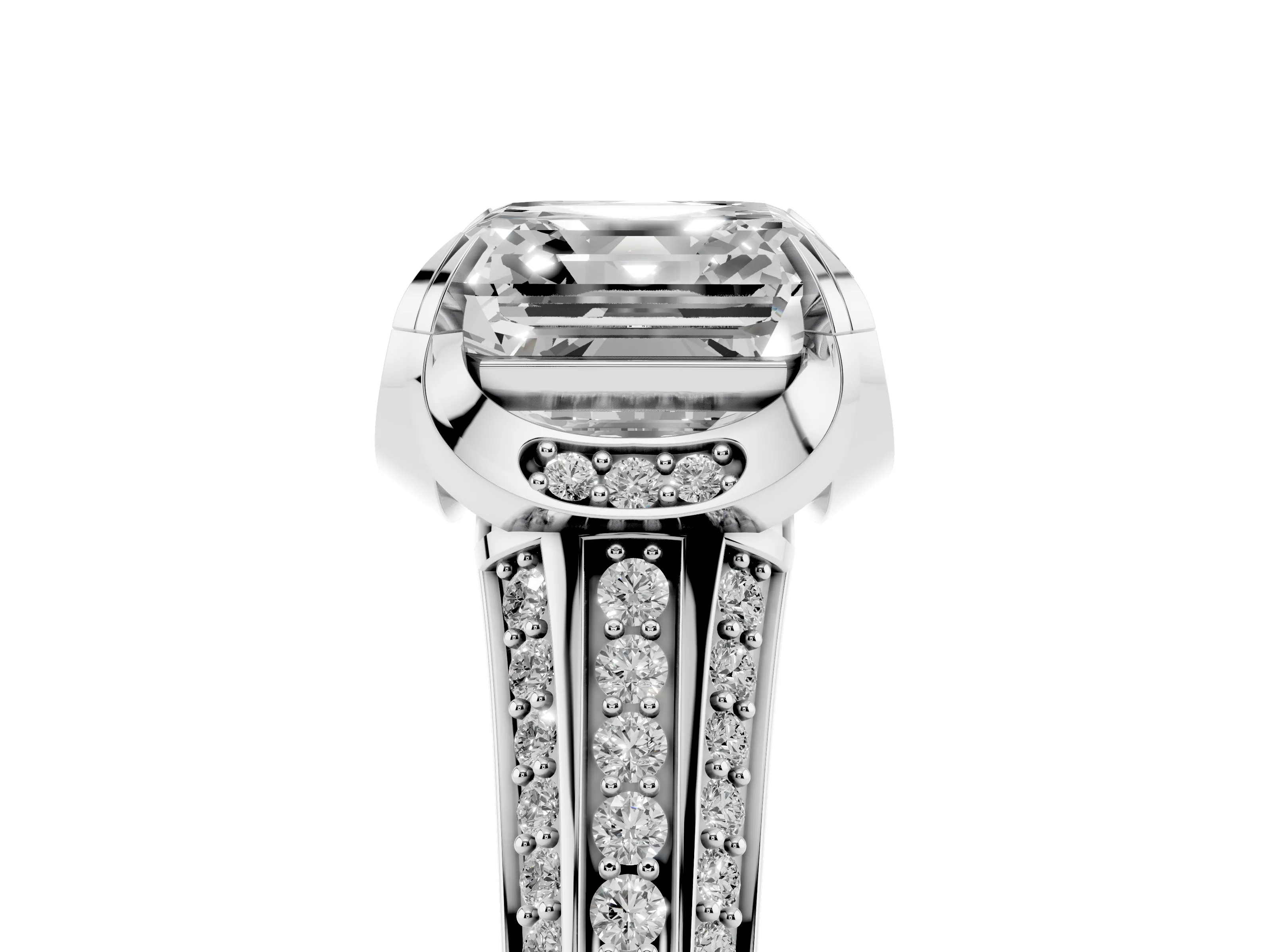 Asscher Cut Diamond Pavé Split Shank Solitaire Ring Set in Silver with Prong Setting