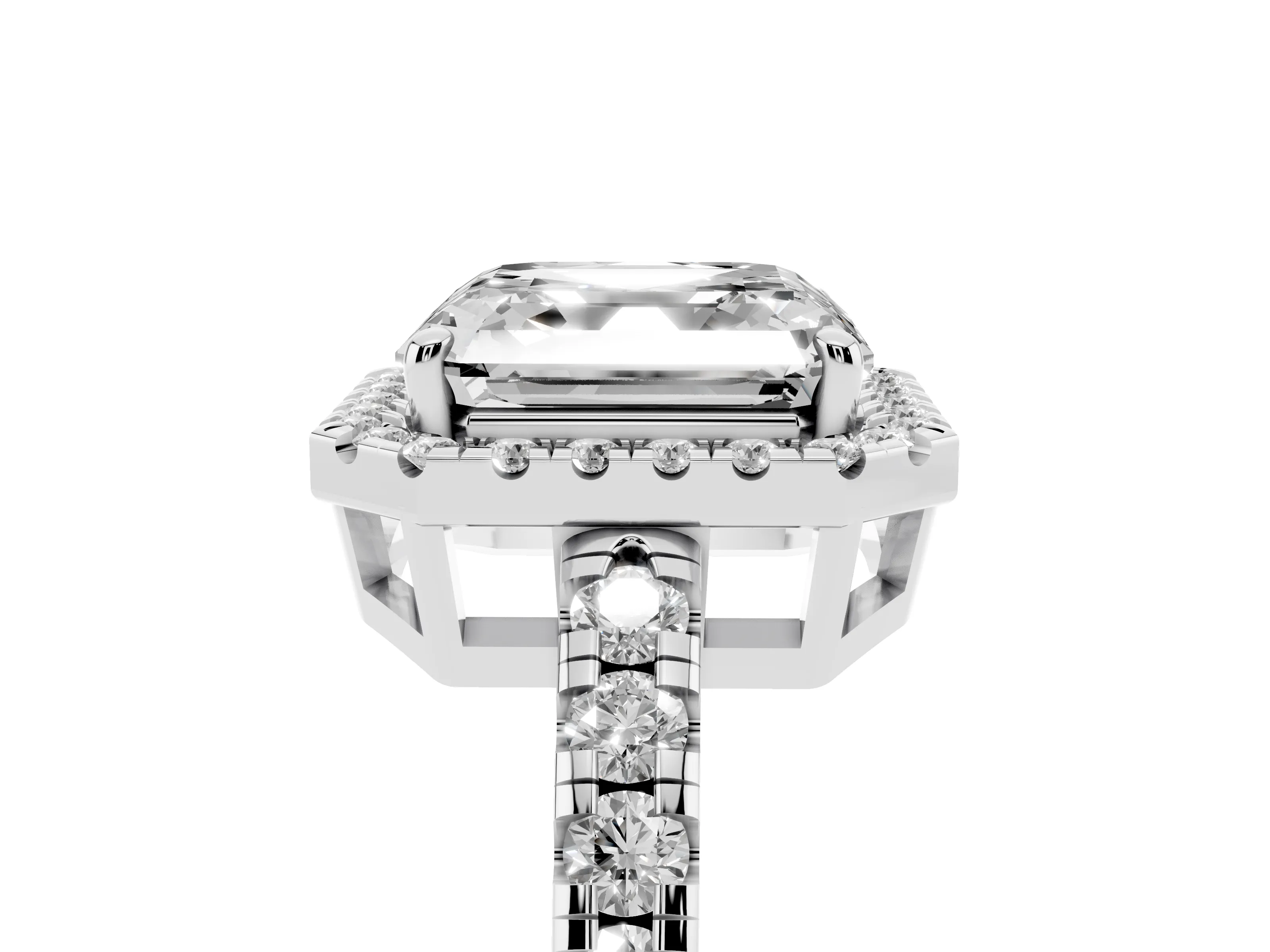 Asscher Cut Diamond Halo Ring Set in White gold with Delicate Pavé Band and Prong Setting