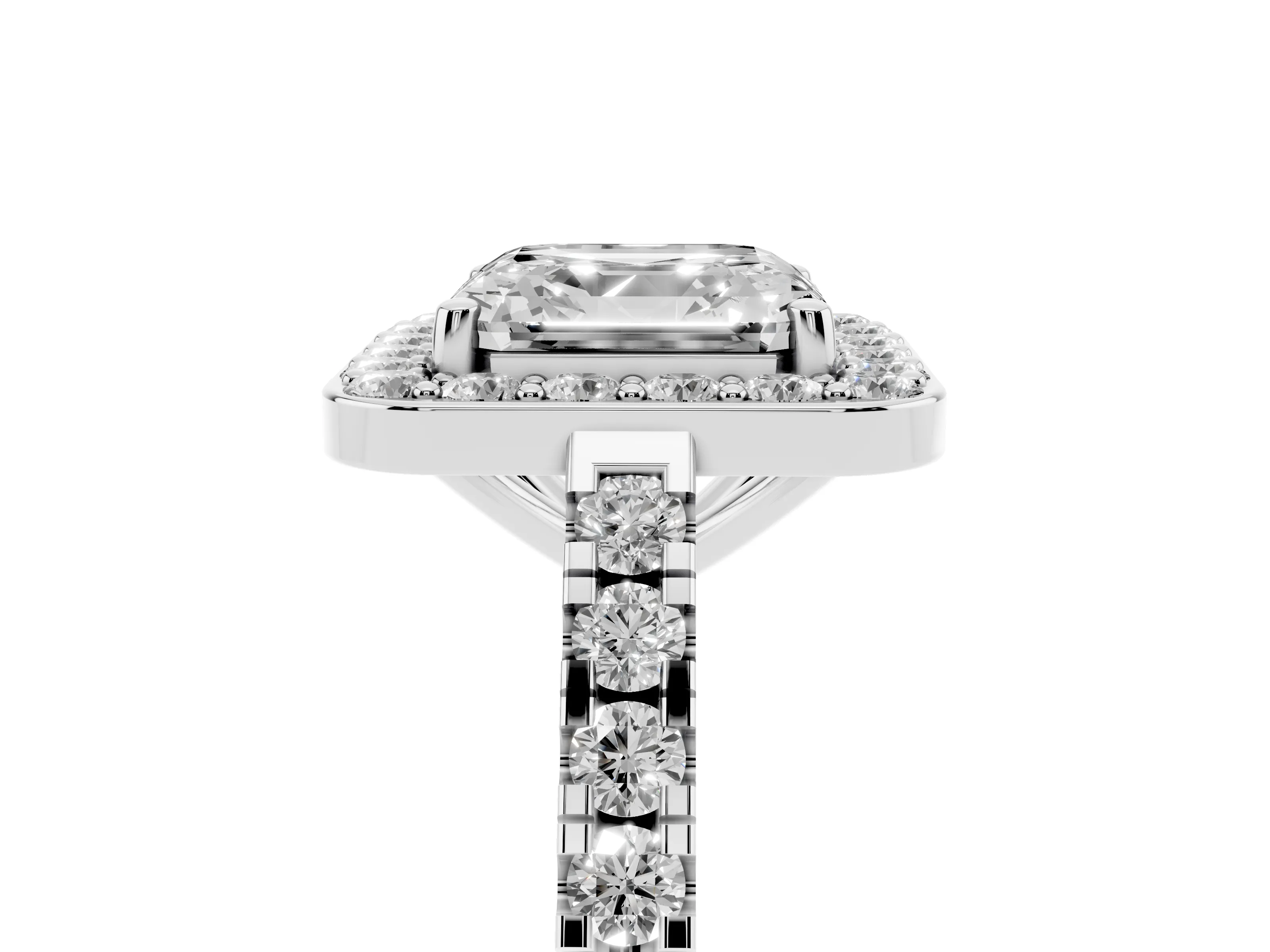 Asscher Cut Diamond Halo Ring Set in White gold with Round Pavé Split Shank and Prong Setting