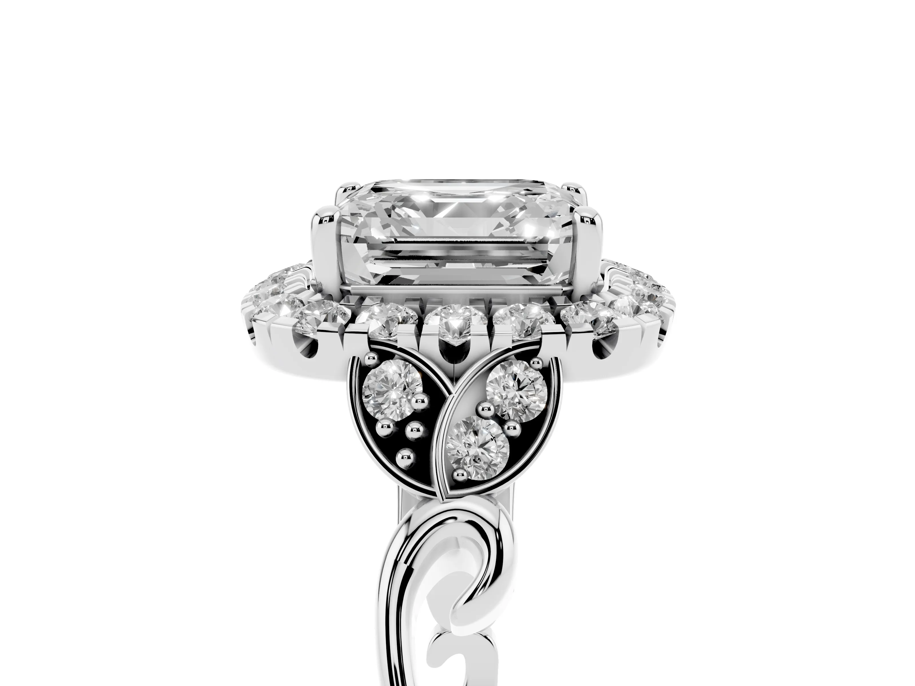 Asscher Cut Diamond Halo Engagement Ring Set in Platinum with Vintage-Inspired Band and Prong Setting