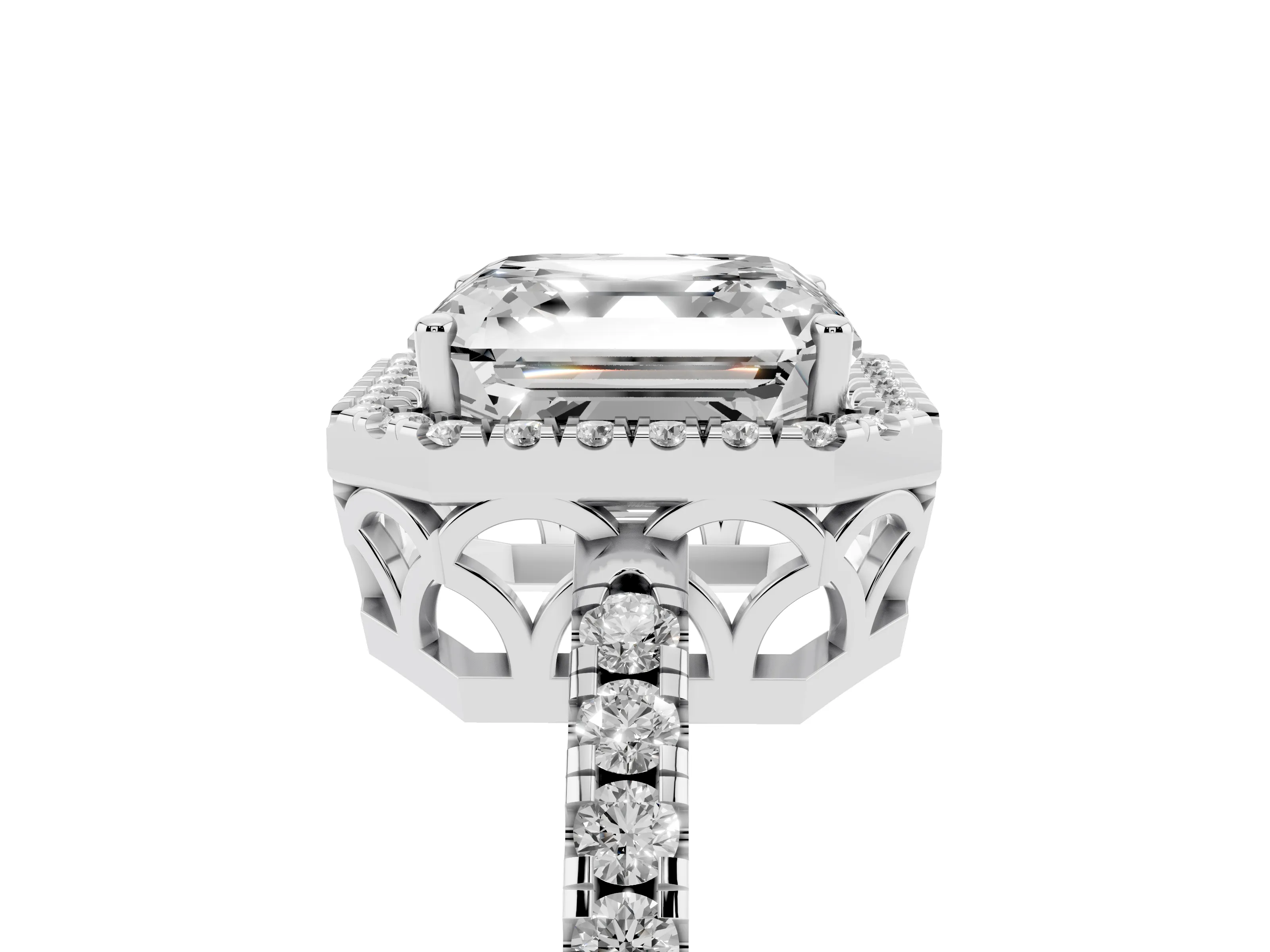 Asscher Cut Diamond Pavé Band Halo Engagement Ring Set in Silver with Prong Setting