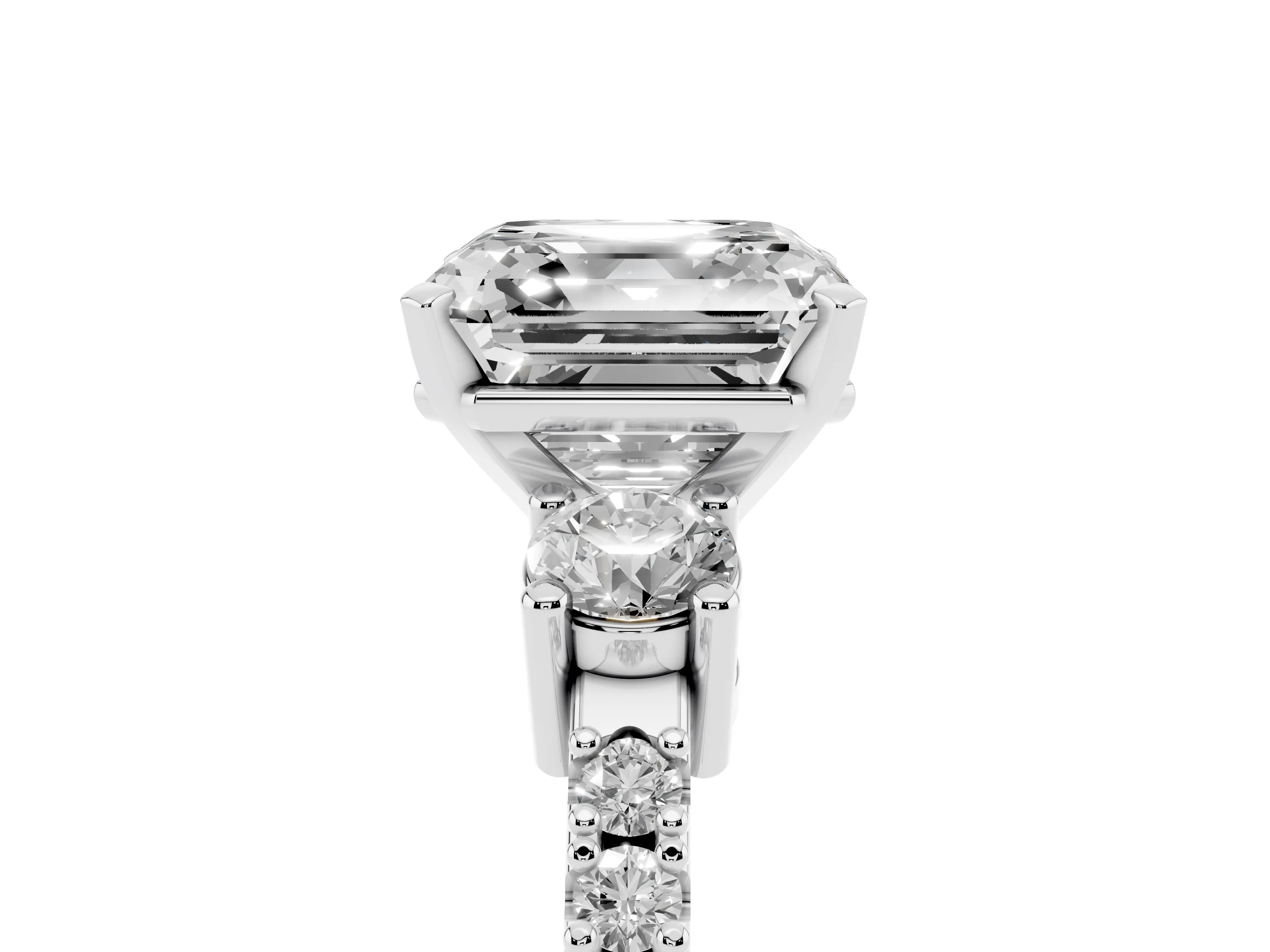 Three-Stone Asscher Cut Diamond Pavé Band Ring Set in Silver with Prong Setting