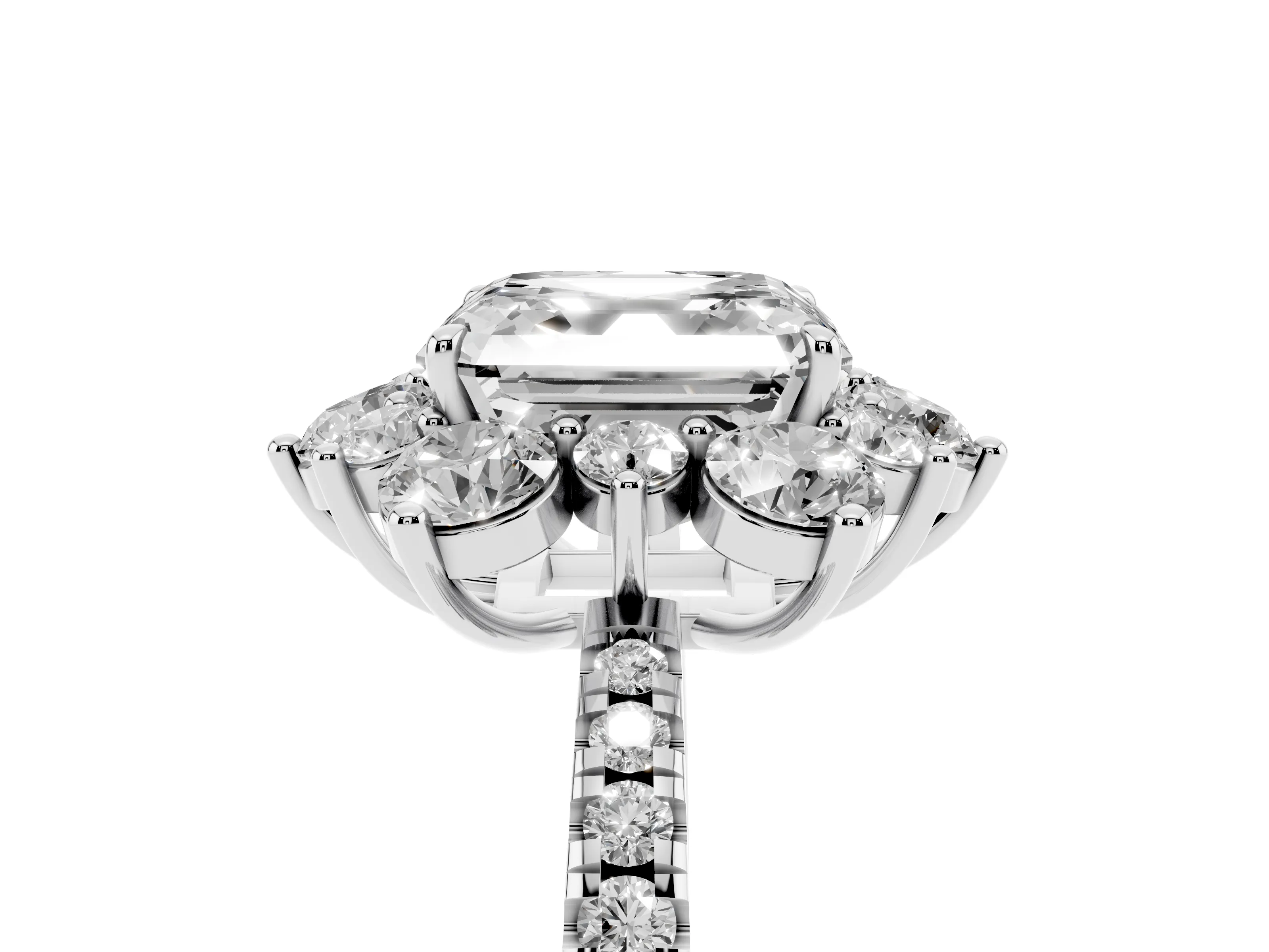 Asscher Cut Diamond Floral Halo Ring Set in Platinum with Round Pavé Band and Prong Setting