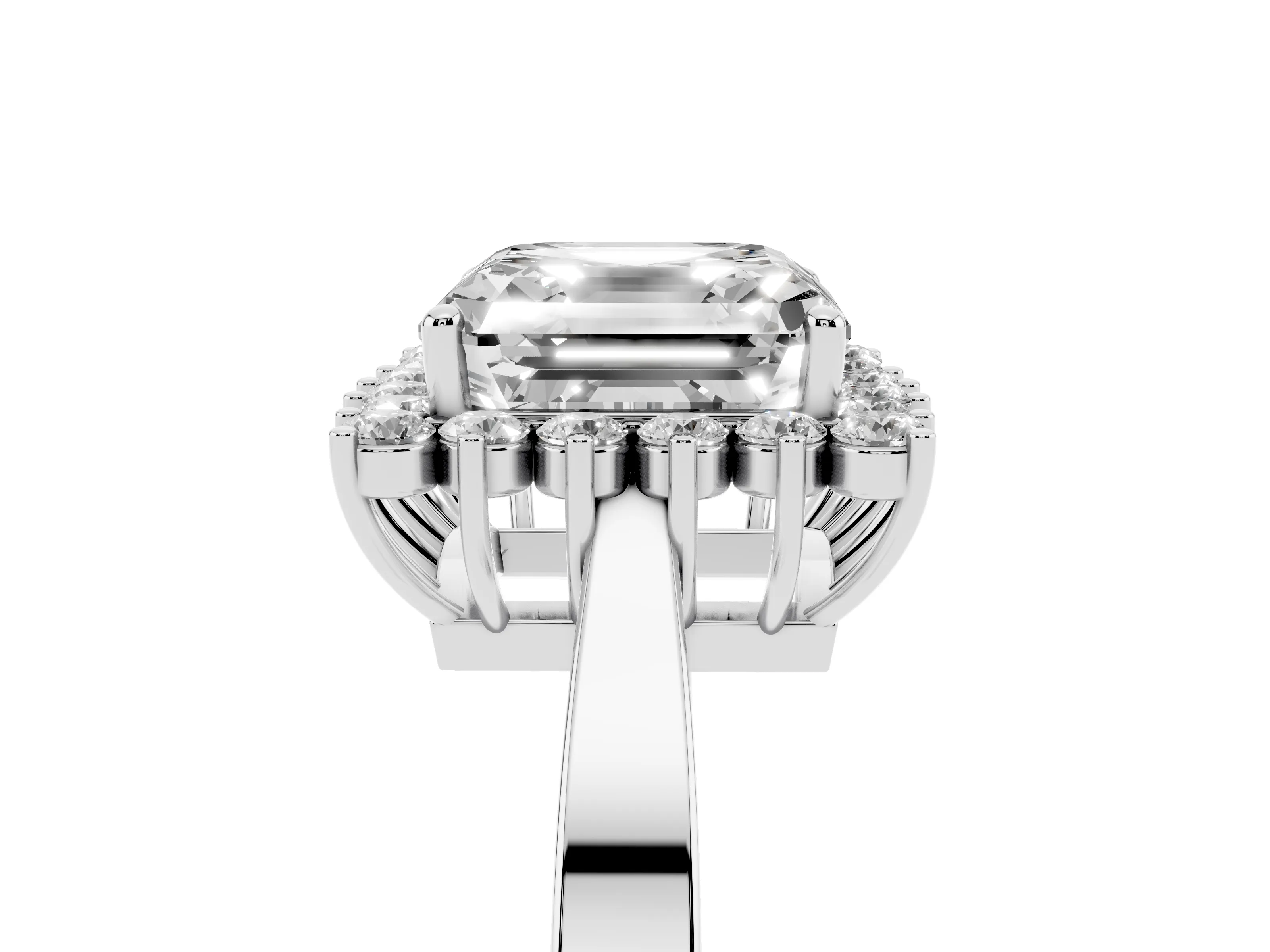 Asscher Cut Diamond Halo Ring Set in White gold with Round Halo and Smooth Solitaire Band