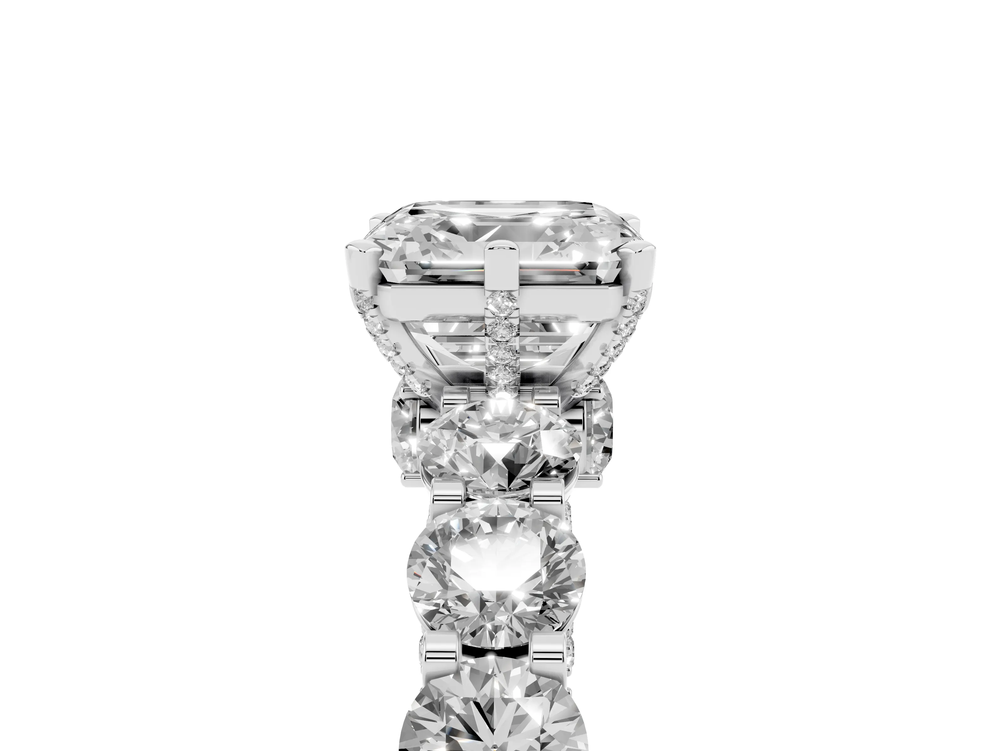 Asscher Cut Diamond Side Stone Ring Set in Platinum with Alternating Round and Oval Side Stones