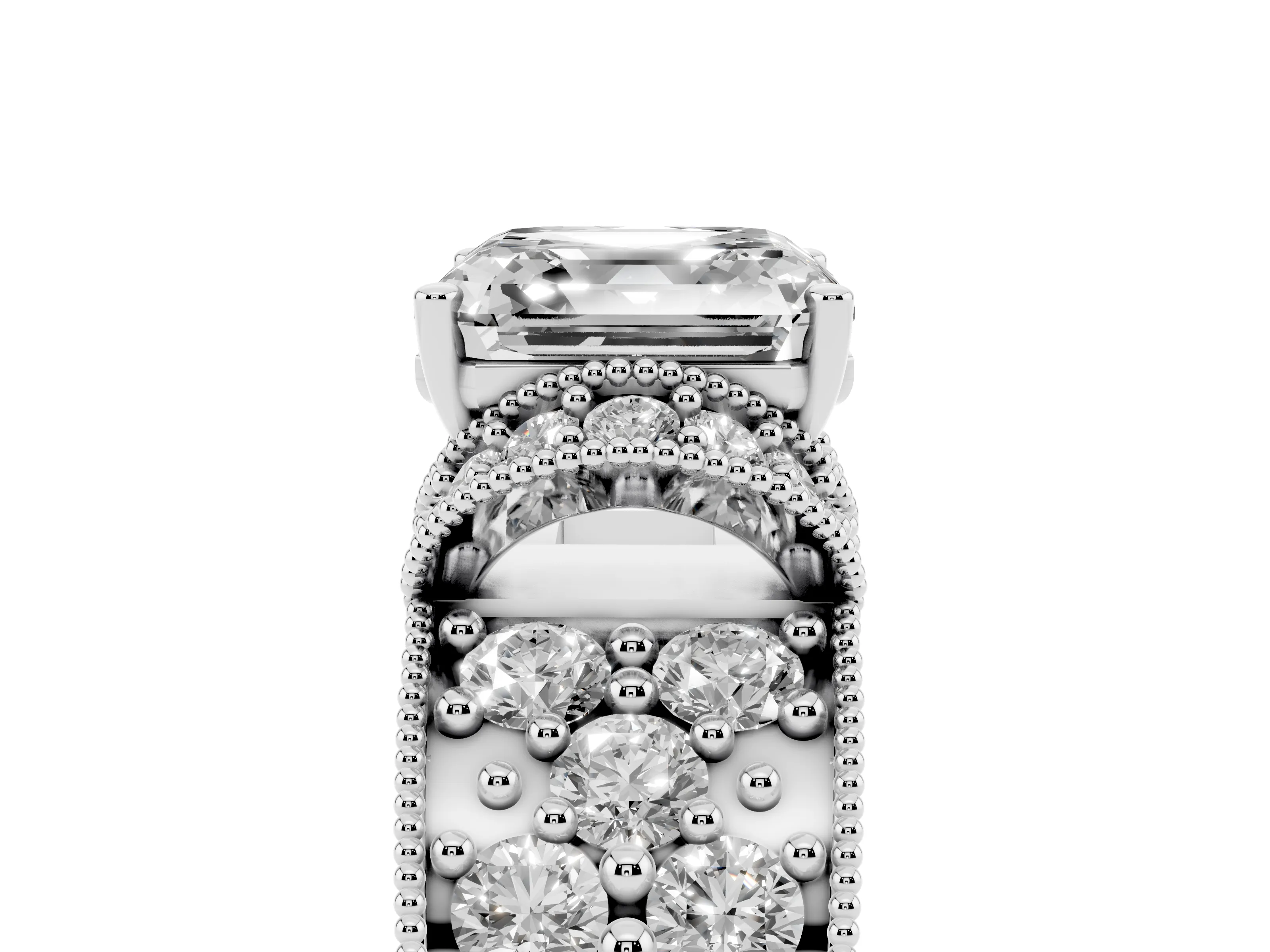 Asscher Cut Diamond Milgrain Halo Pavé Engagement Ring Set in Silver with Prong Setting